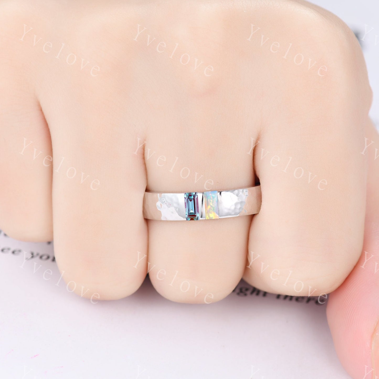 Custom order for Debra, 14k yellow gold, baguette alexandrite, real diamond and white opal, size 12 1/4