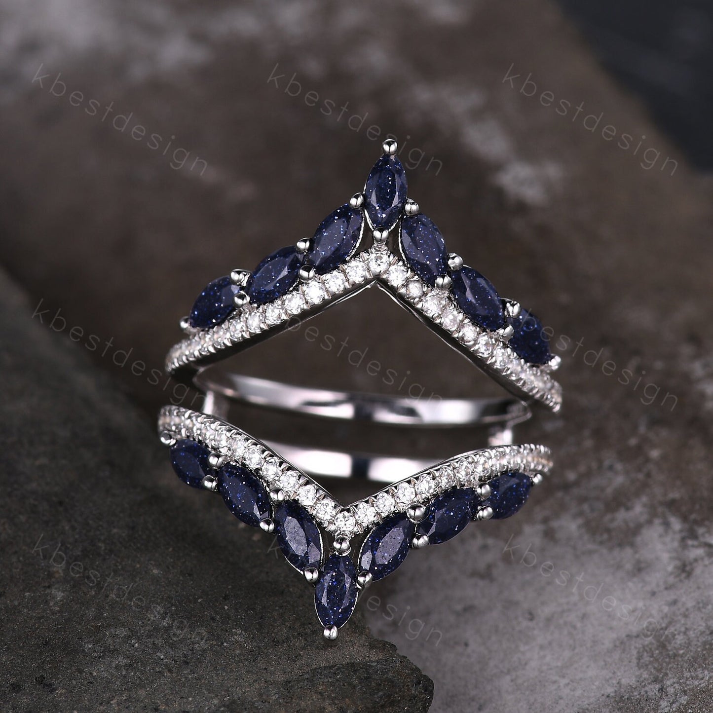 Vintage curved Blue Sandstone wedding band unique double curve stacking band marquise cut enhancer matching band Unique bridal promise gift