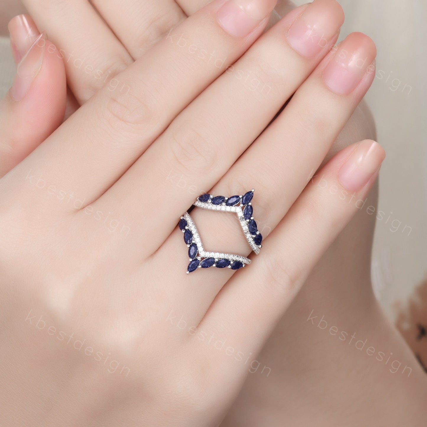 Vintage curved Blue Sandstone wedding band unique double curve stacking band marquise cut enhancer matching band Unique bridal promise gift