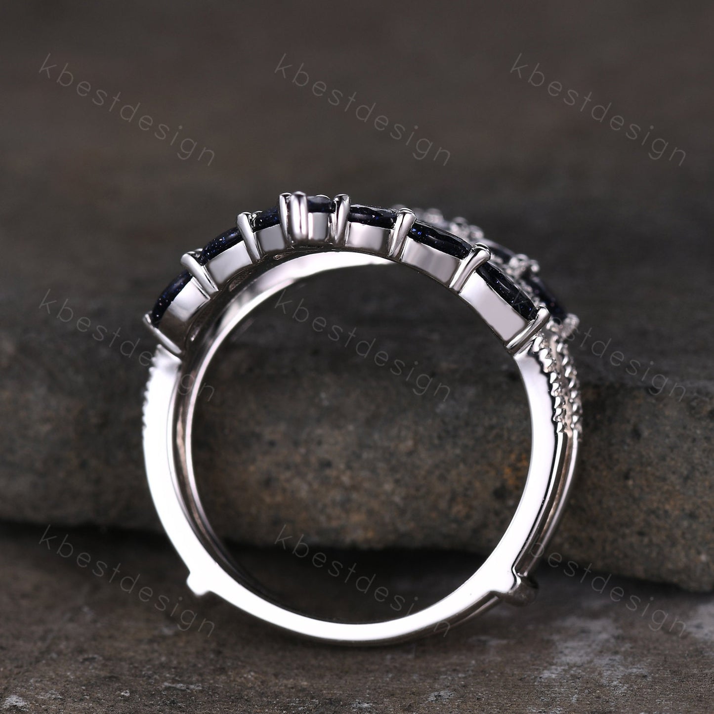 Vintage curved Blue Sandstone wedding band unique double curve stacking band marquise cut enhancer matching band Unique bridal promise gift
