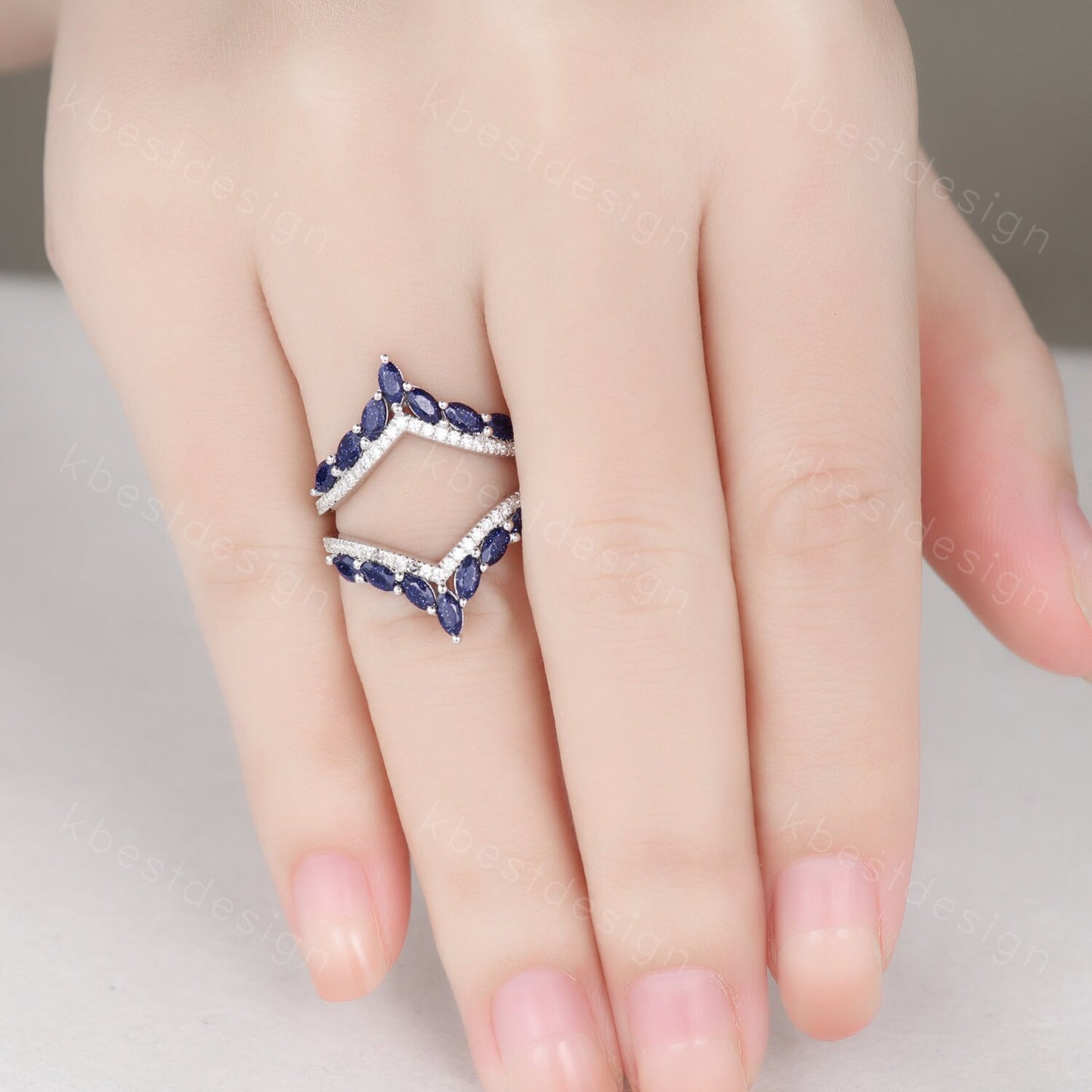 Vintage curved Blue Sandstone wedding band unique double curve stacking band marquise cut enhancer matching band Unique bridal promise gift