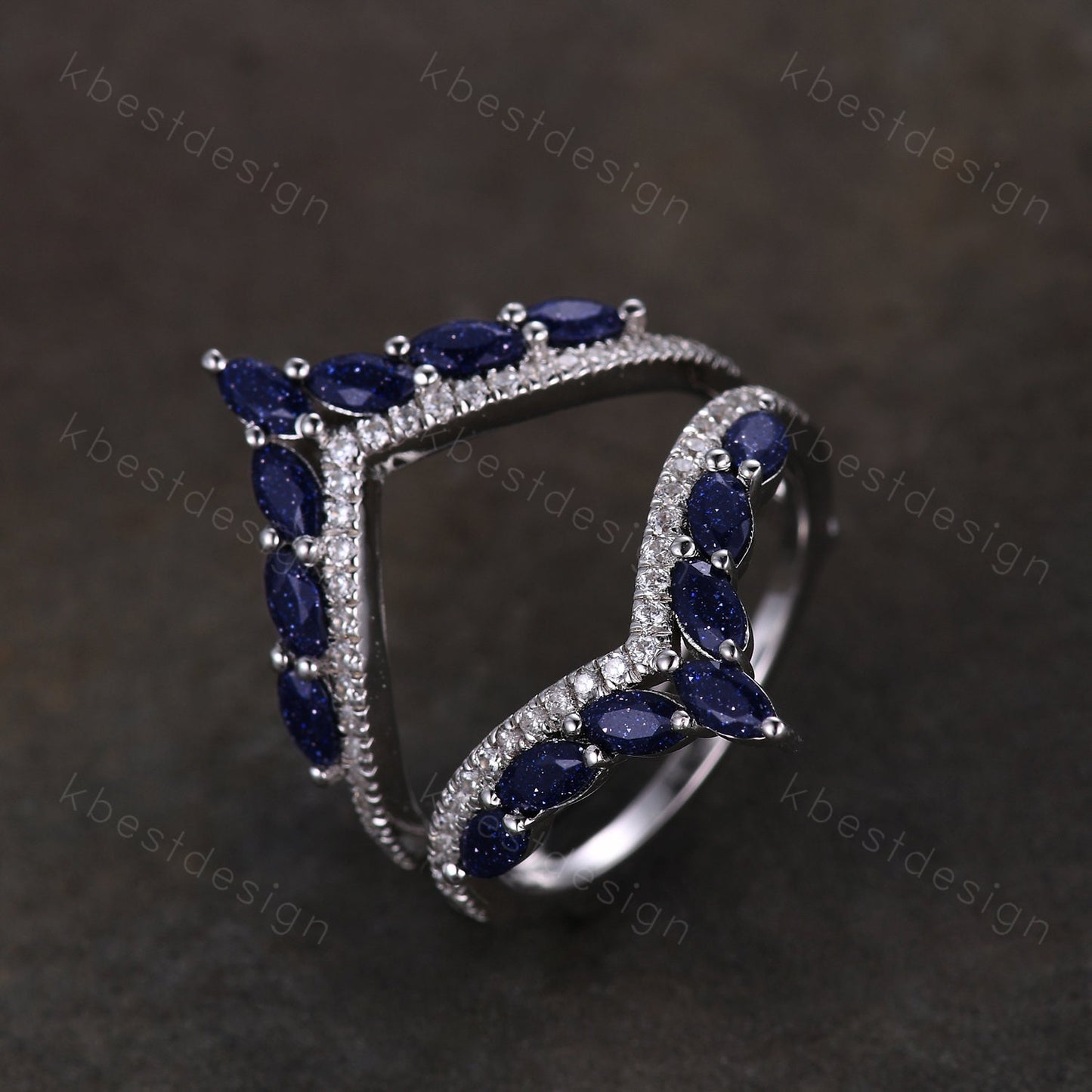 Vintage curved Blue Sandstone wedding band unique double curve stacking band marquise cut enhancer matching band Unique bridal promise gift