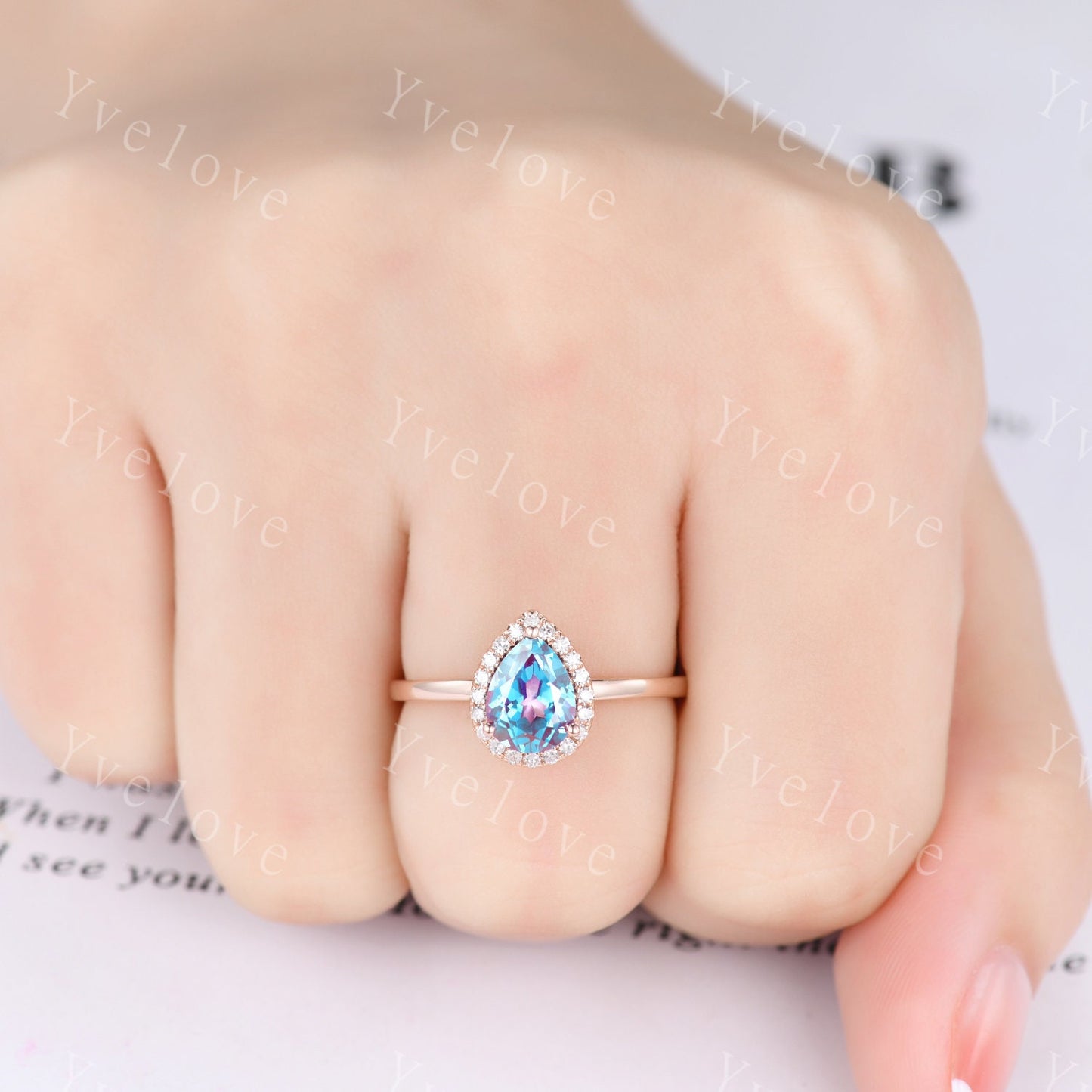 Pear cut alexandrite solitaire Ring,tear drop Alexandrite ring vintage solid 14k rose gold ring June birthstone wedding Anniversary ring