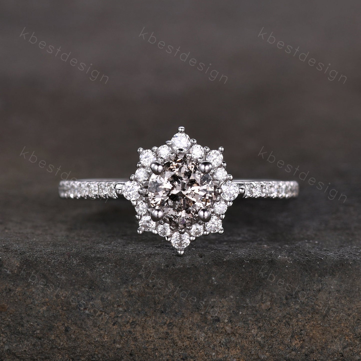 Dainty Salt and pepper diamond engagement ring unique diamond halo engagement ring art deco Bridal Wedding anniversary gift for women