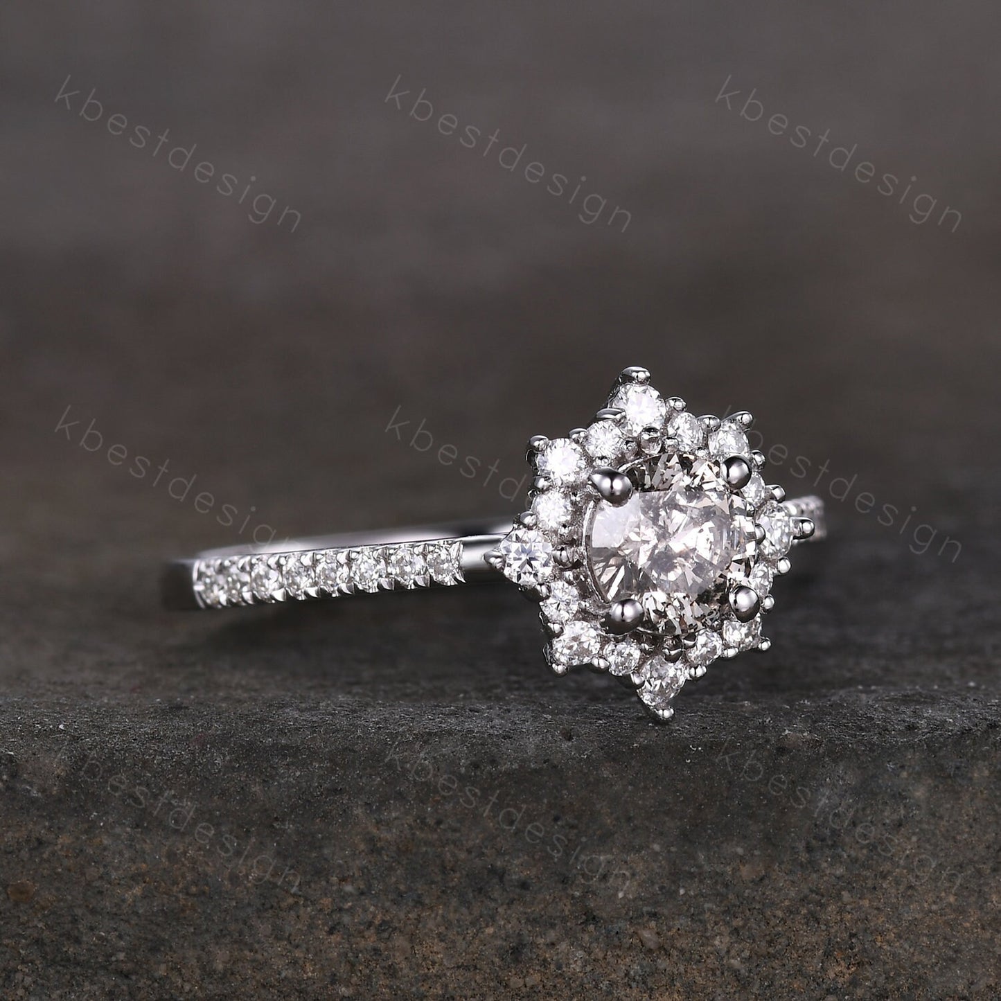 Dainty Salt and pepper diamond engagement ring unique diamond halo engagement ring art deco Bridal Wedding anniversary gift for women