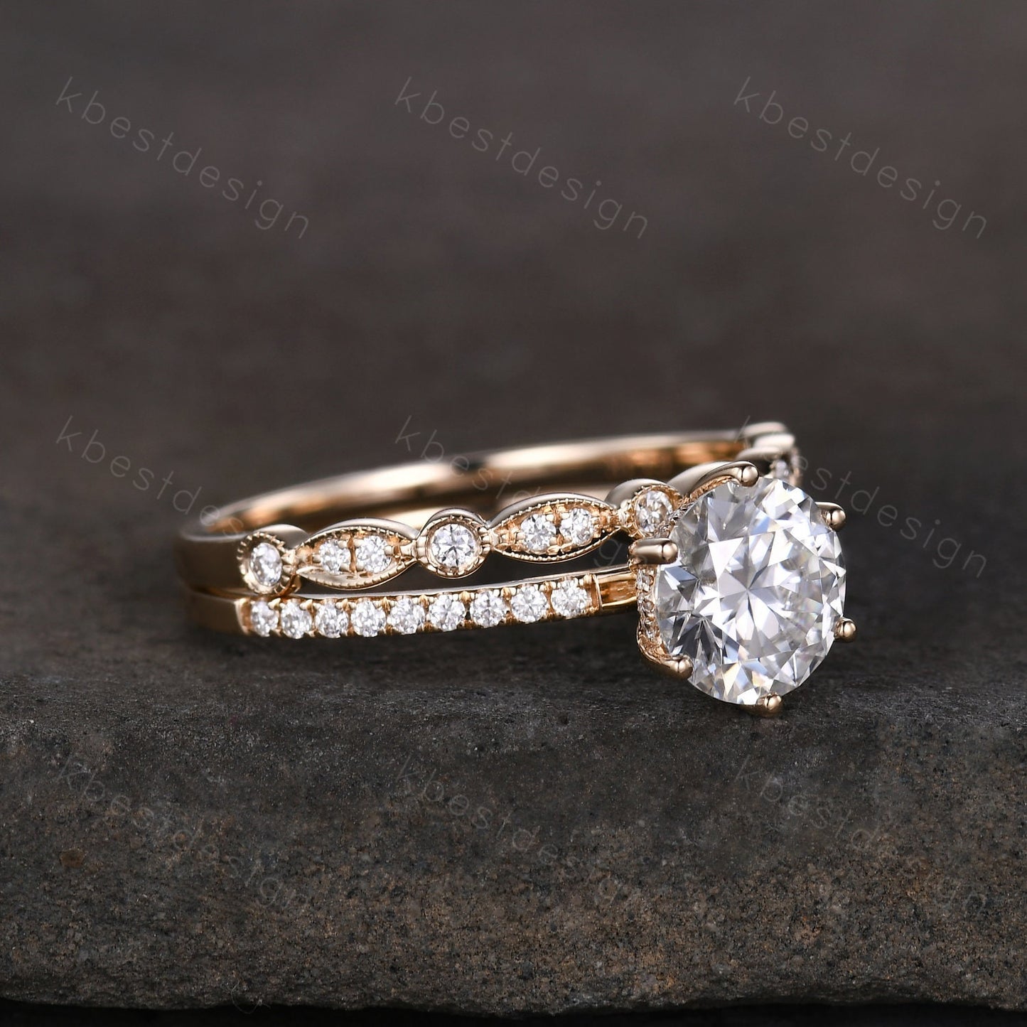 1.2ct round cut Moissanite engagement ring 14k yellow gold solitaire engagement ring art deco stacking matching band unique wedding ring set