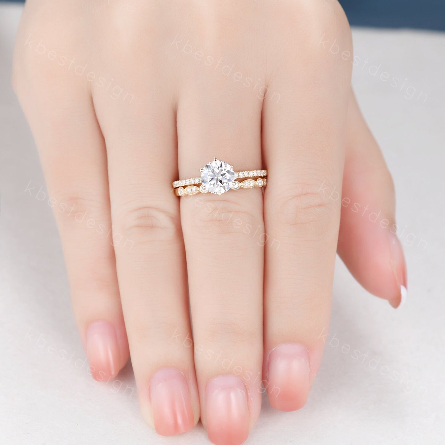 1.2ct round cut Moissanite engagement ring 14k yellow gold solitaire engagement ring art deco stacking matching band unique wedding ring set