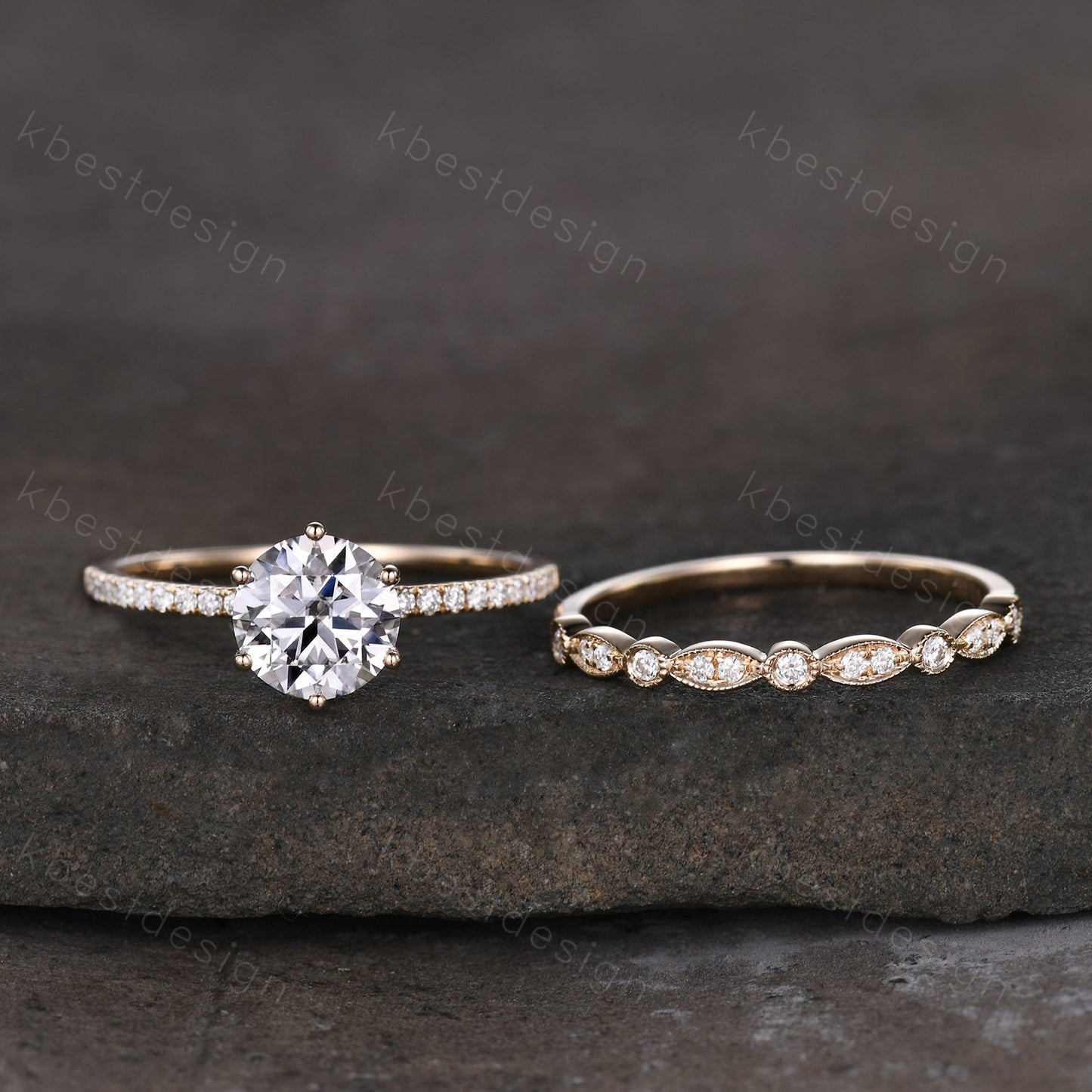1.2ct round cut Moissanite engagement ring 14k yellow gold solitaire engagement ring art deco stacking matching band unique wedding ring set