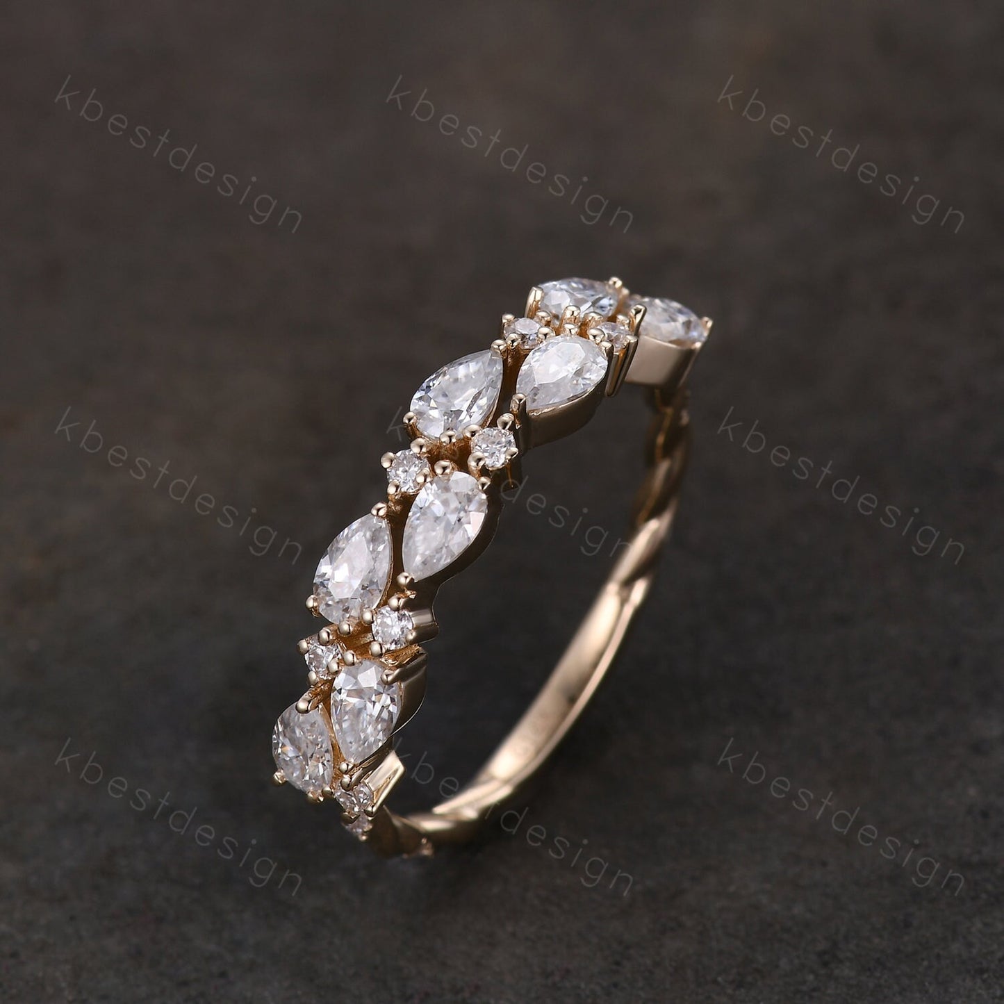 Unique Moissanite wedding band women Pear cut Half eternity band Yellow gold wedding band vintage twisted Stacking bridal ring promise ring