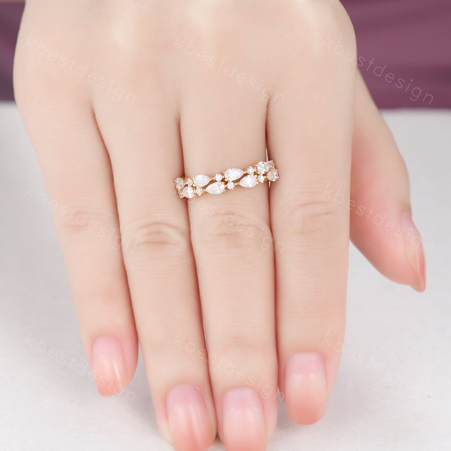 Unique Moissanite wedding band women Pear cut Half eternity band Yellow gold wedding band vintage twisted Stacking bridal ring promise ring