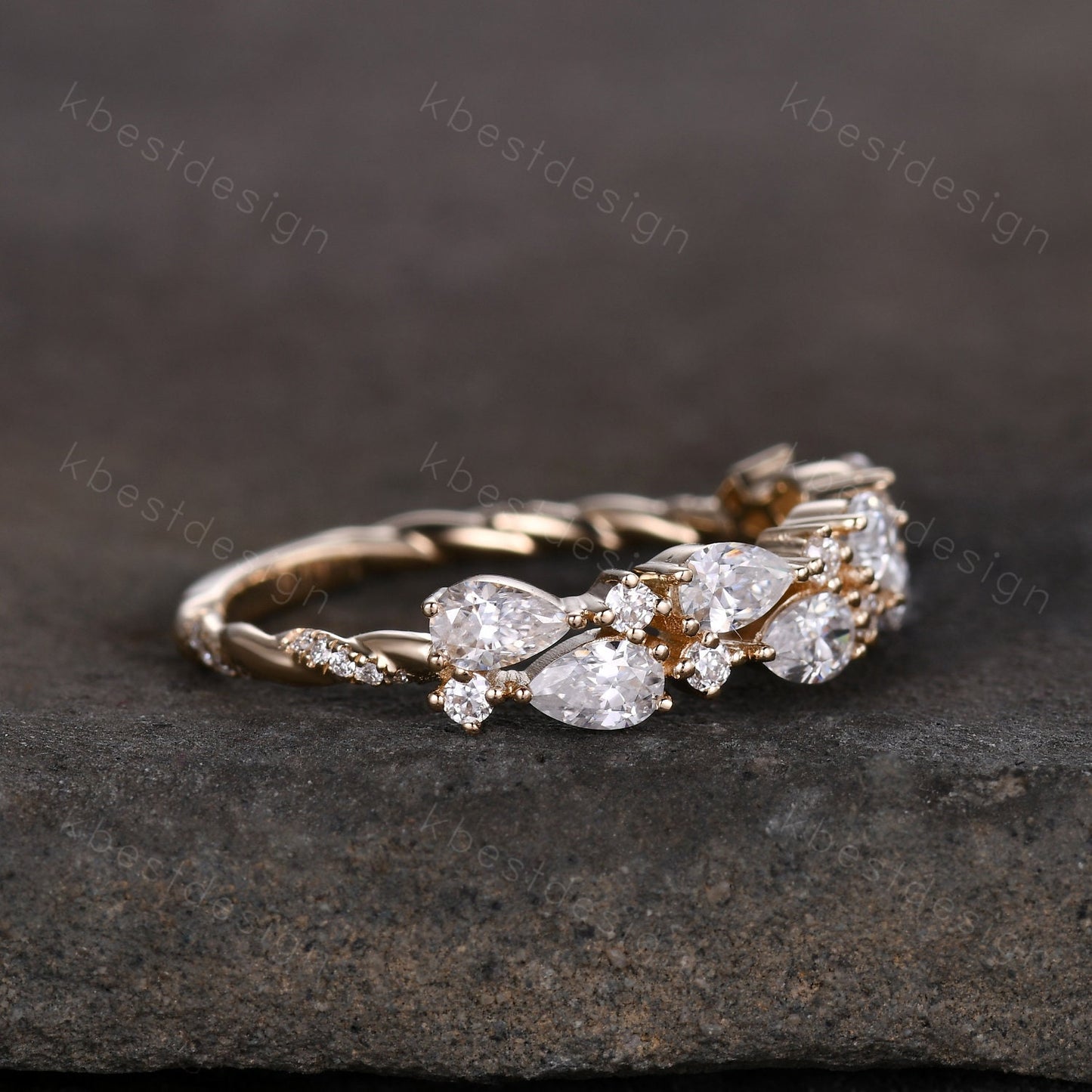 Unique Moissanite wedding band women Pear cut Half eternity band Yellow gold wedding band vintage twisted Stacking bridal ring promise ring