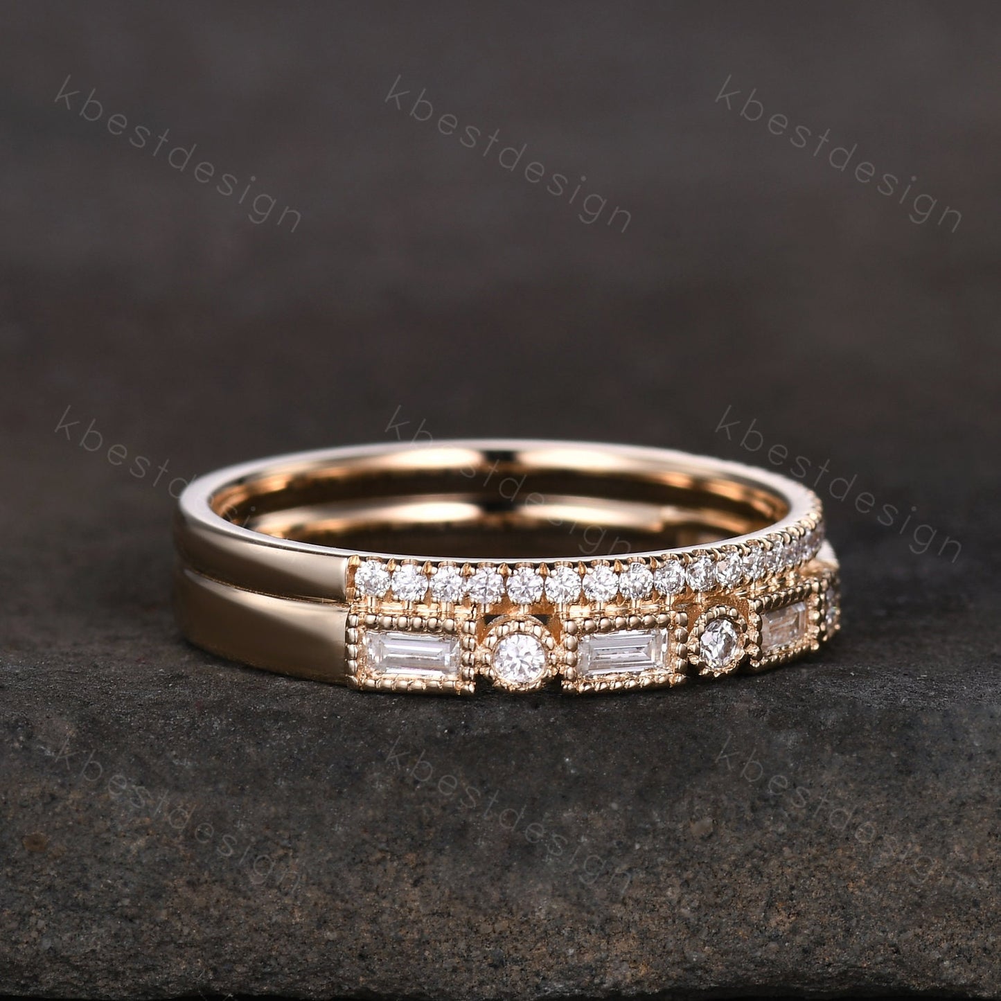 Vintage Moissanite wedding band women Baguette cut Half eternity band Yellow gold wedding band Unique Stacking Matching bridal promise ring