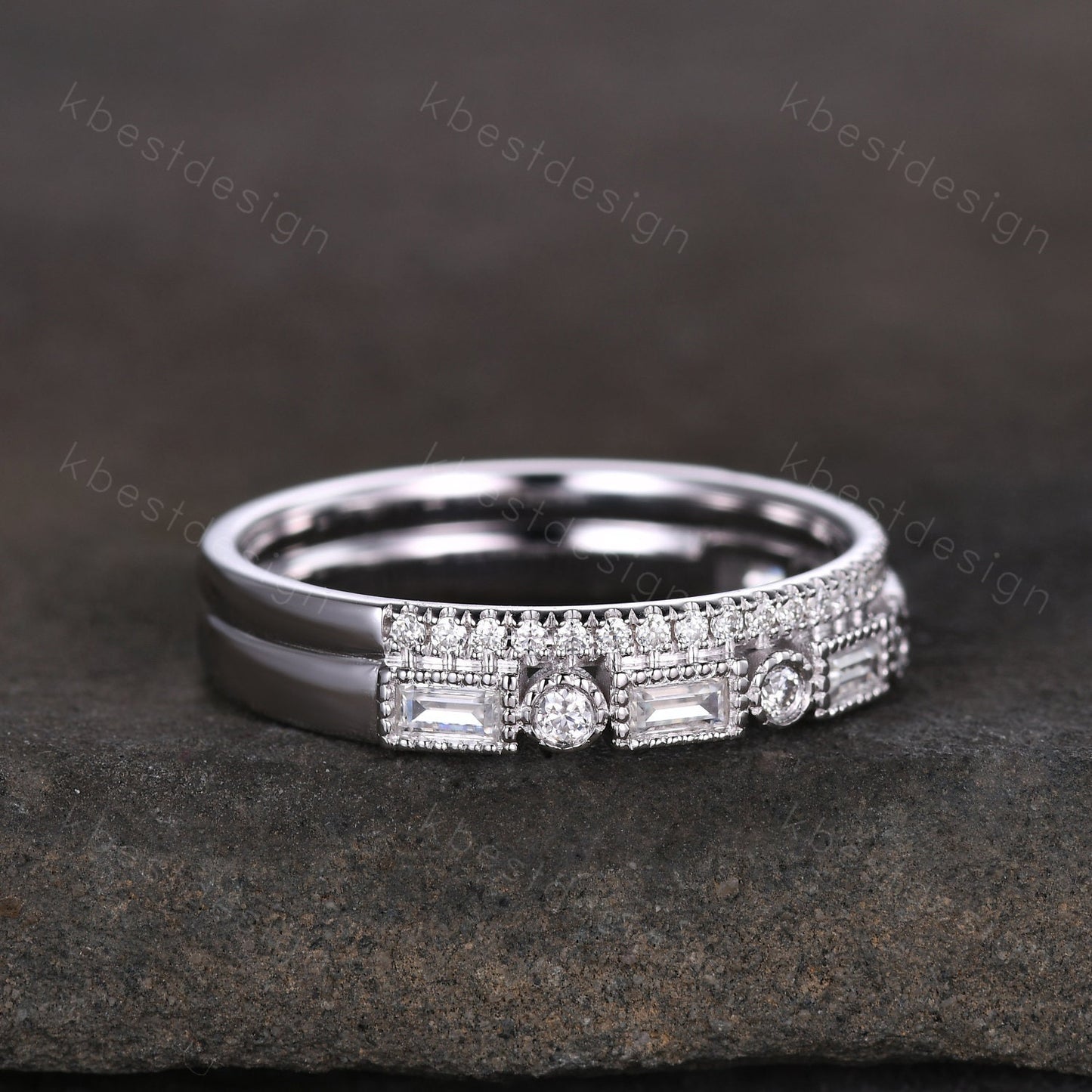Vintage Moissanite wedding band women Baguette cut Half eternity band Yellow gold wedding band Unique Stacking Matching bridal promise ring