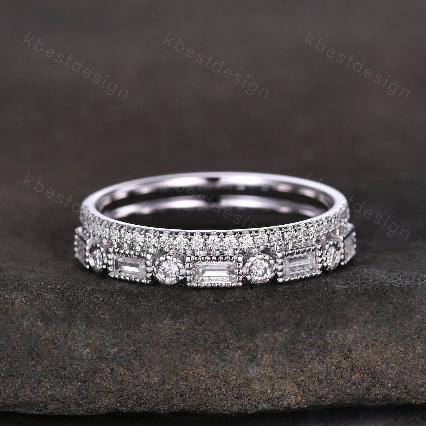 Vintage Moissanite wedding band women Baguette cut Half eternity band Yellow gold wedding band Unique Stacking Matching bridal promise ring