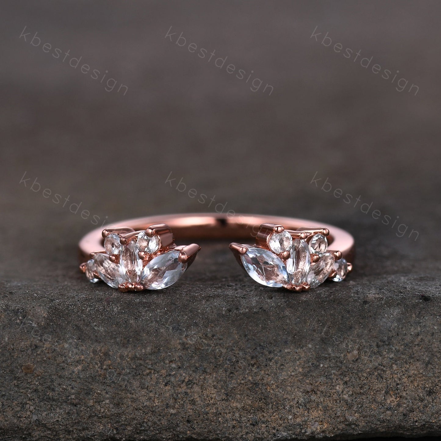 Delicate Aquamarine Wedding Band Rose Gold Open ring vintage petal wedding ring Delicate Stacking matching curved wedding band bridal ring