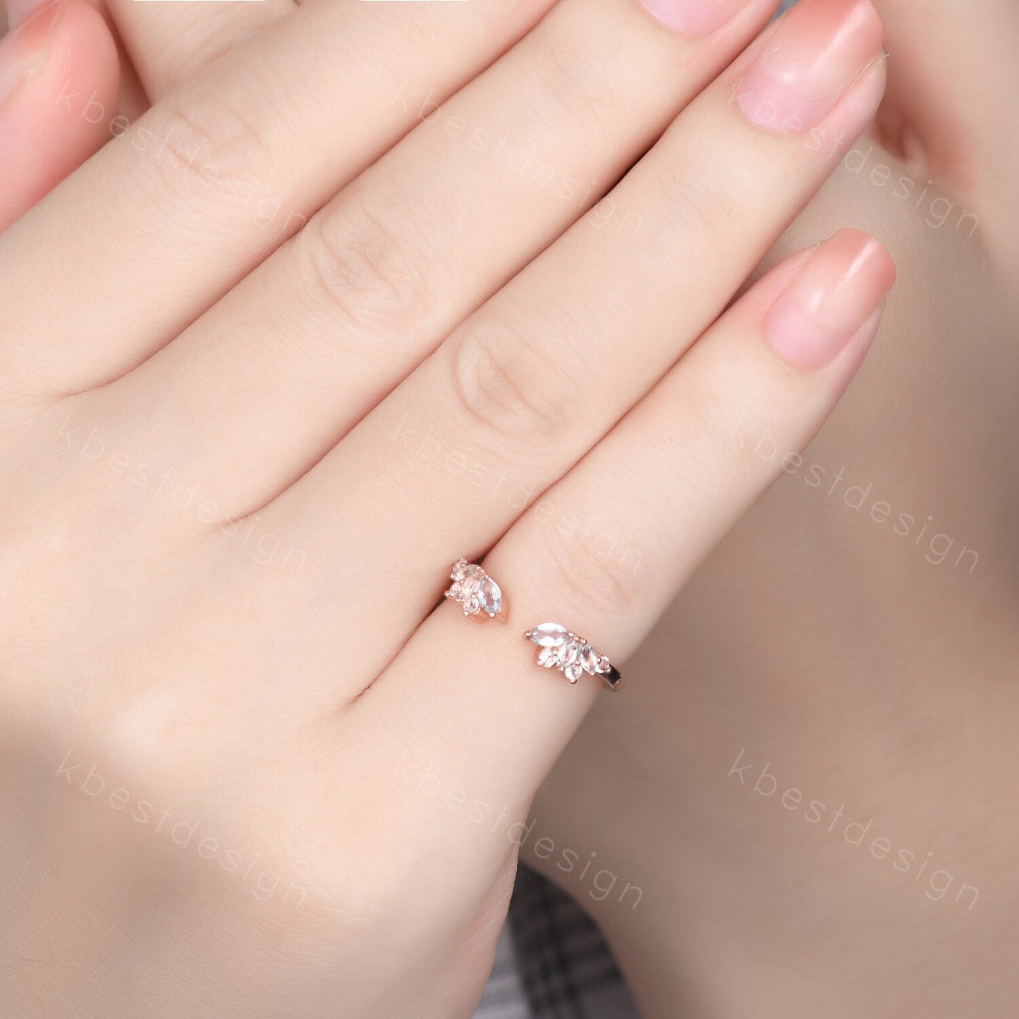 Delicate Aquamarine Wedding Band Rose Gold Open ring vintage petal wedding ring Delicate Stacking matching curved wedding band bridal ring
