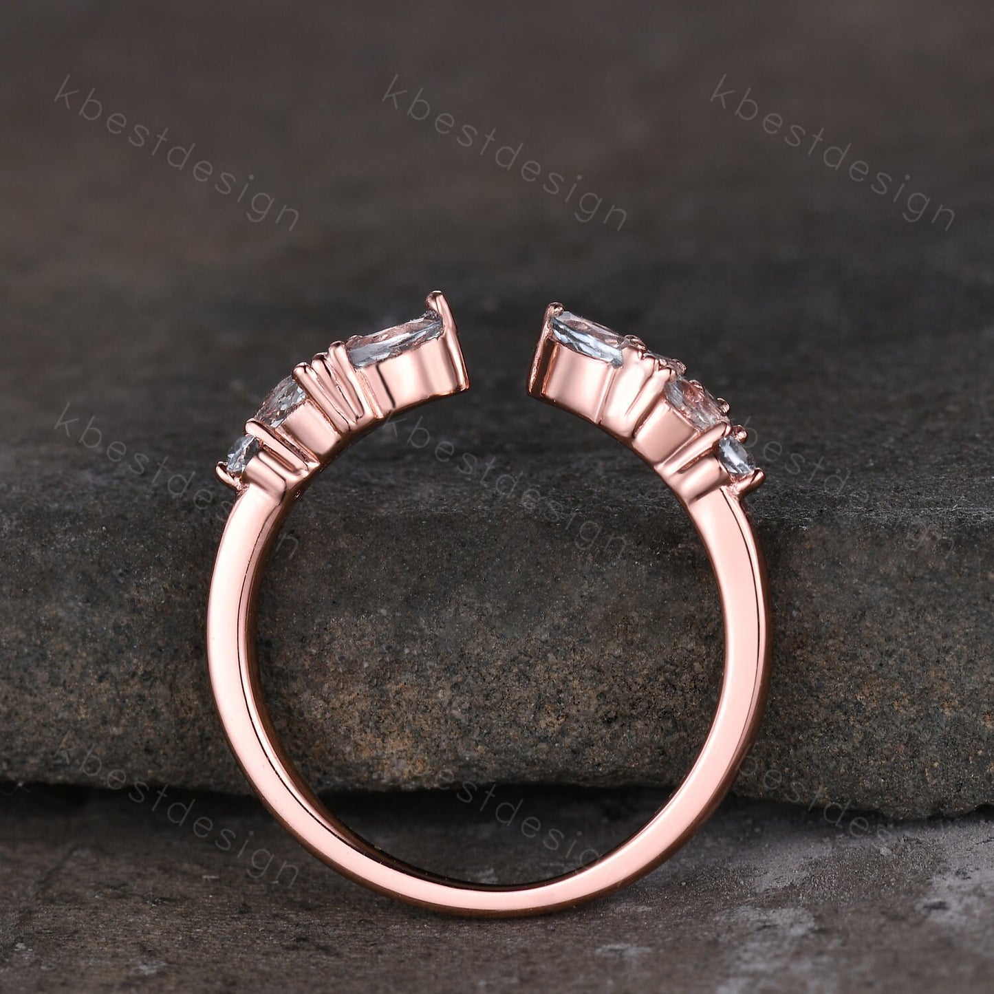 Delicate Aquamarine Wedding Band Rose Gold Open ring vintage petal wedding ring Delicate Stacking matching curved wedding band bridal ring