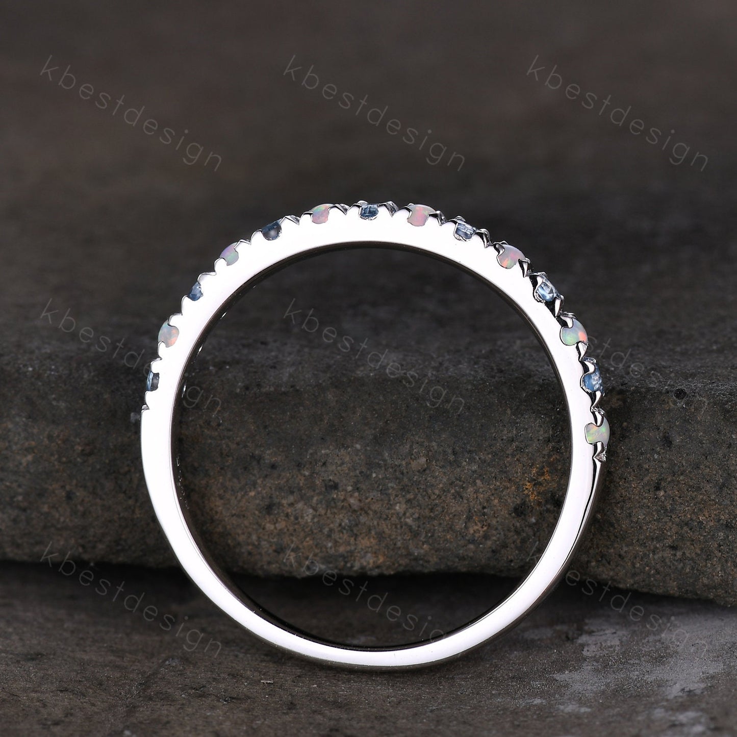 2mm Blue Topaz Wedding Band Sterling Silver Half Eternity Stacking Band Opal Wedding Band Women Matching Band Promise Anniversary Ring
