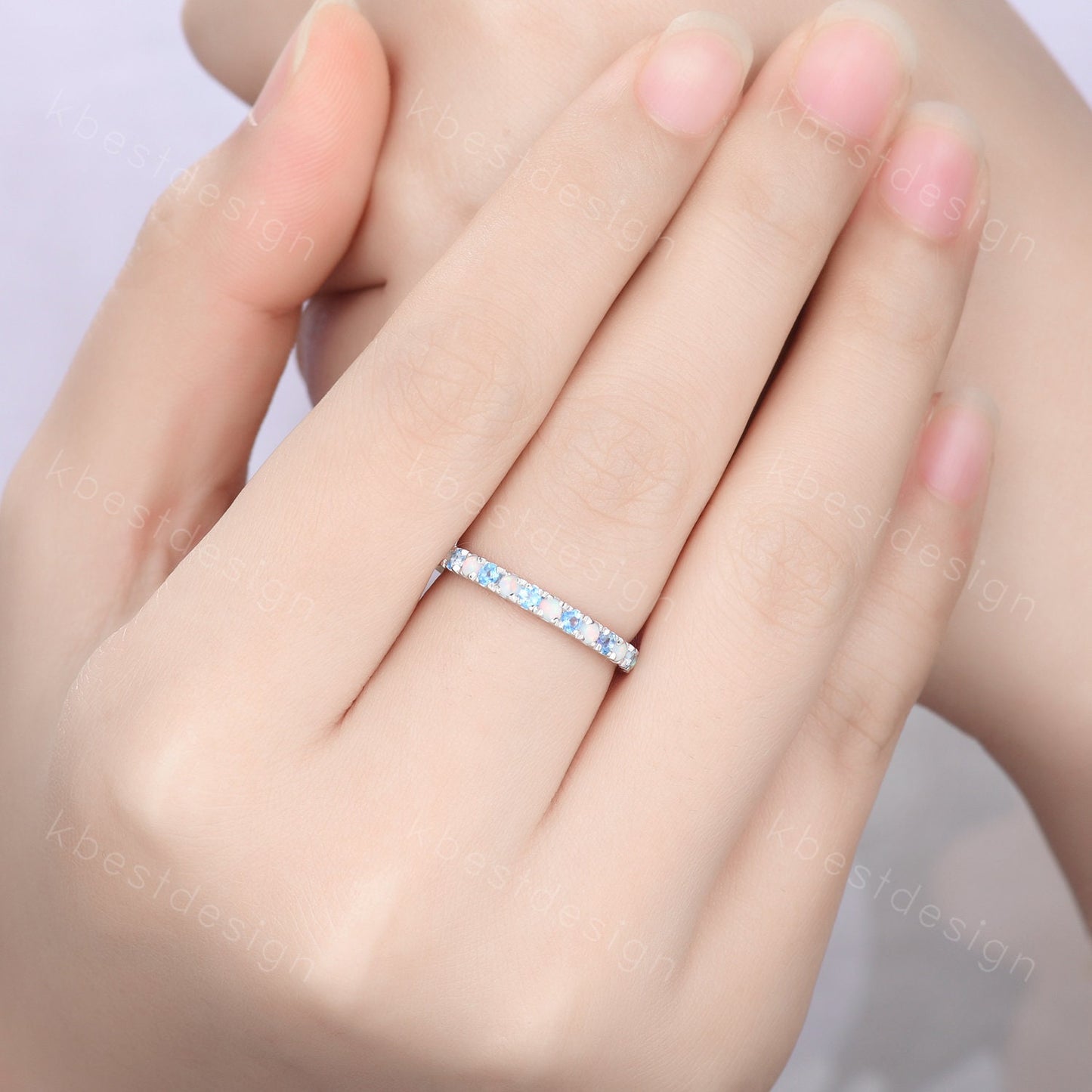 2mm Blue Topaz Wedding Band Sterling Silver Half Eternity Stacking Band Opal Wedding Band Women Matching Band Promise Anniversary Ring