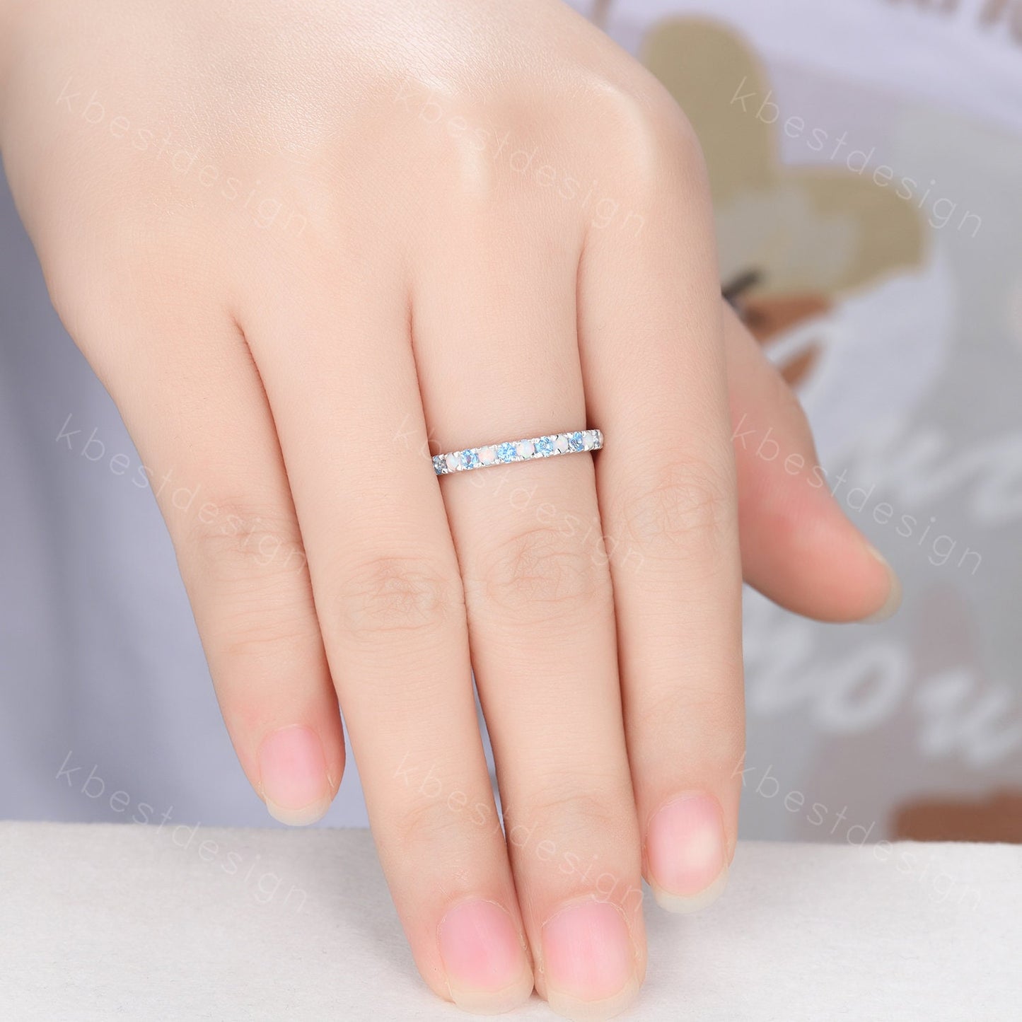2mm Blue Topaz Wedding Band Sterling Silver Half Eternity Stacking Band Opal Wedding Band Women Matching Band Promise Anniversary Ring