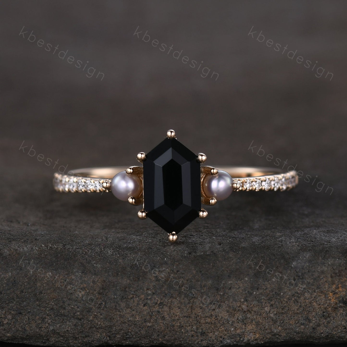 Retro vintage black onyx ring solid gold hexagon cut engagement ring unique pearl three stone ring unique black gemstone promise gift