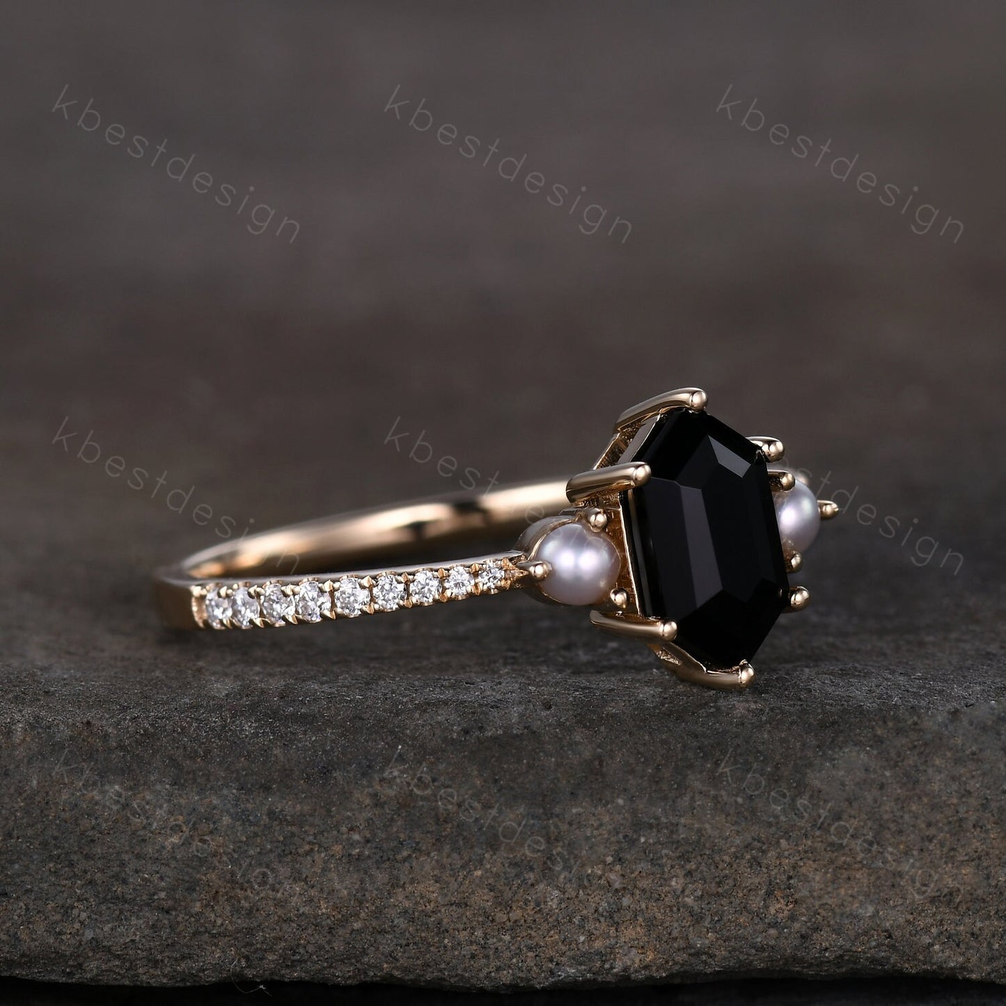 Retro vintage black onyx ring solid gold hexagon cut engagement ring unique pearl three stone ring unique black gemstone promise gift