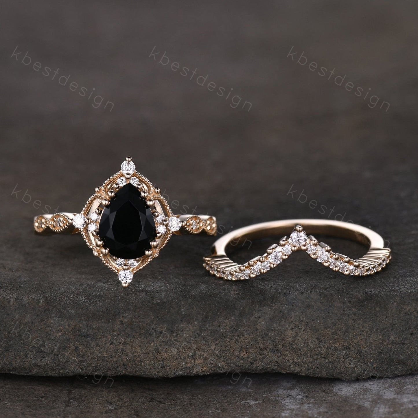 Vintage black onyx engagement ring 14k yellow gold ring art deco curved stacking band pear shaped bridal set unique moissanite wedding set