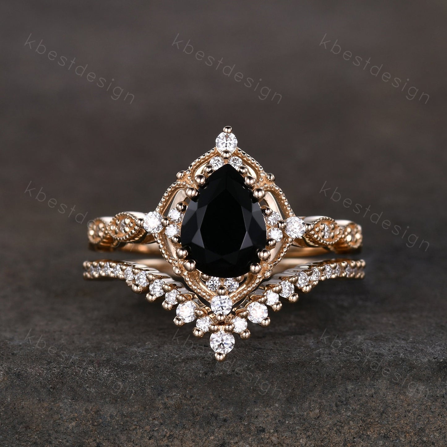 Vintage black onyx engagement ring 14k yellow gold ring art deco curved stacking band pear shaped bridal set unique moissanite wedding set