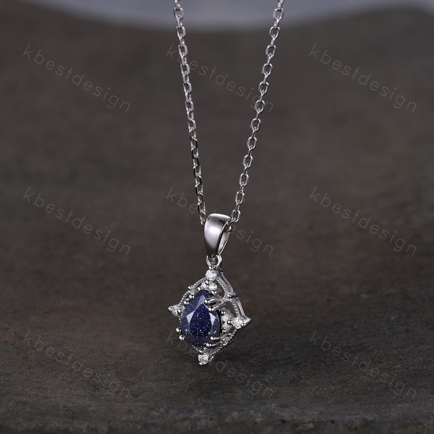 Antique Blue Sandstone Necklace Vintage Pear cut Galaxy Sandstone Pendant Women Silver Necklace Unique Moissanite Pendant Anniversary Gift