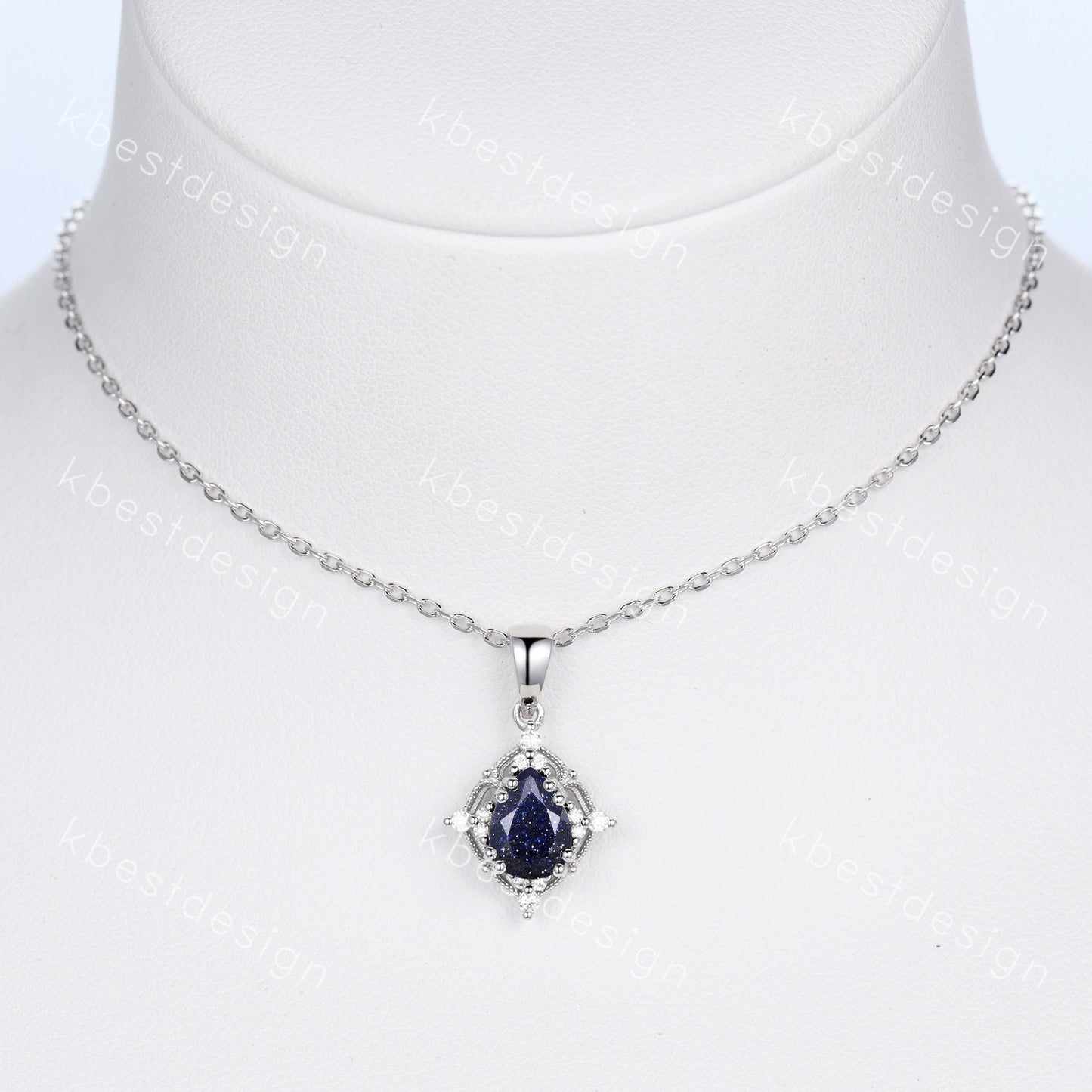 Antique Blue Sandstone Necklace Vintage Pear cut Galaxy Sandstone Pendant Women Silver Necklace Unique Moissanite Pendant Anniversary Gift