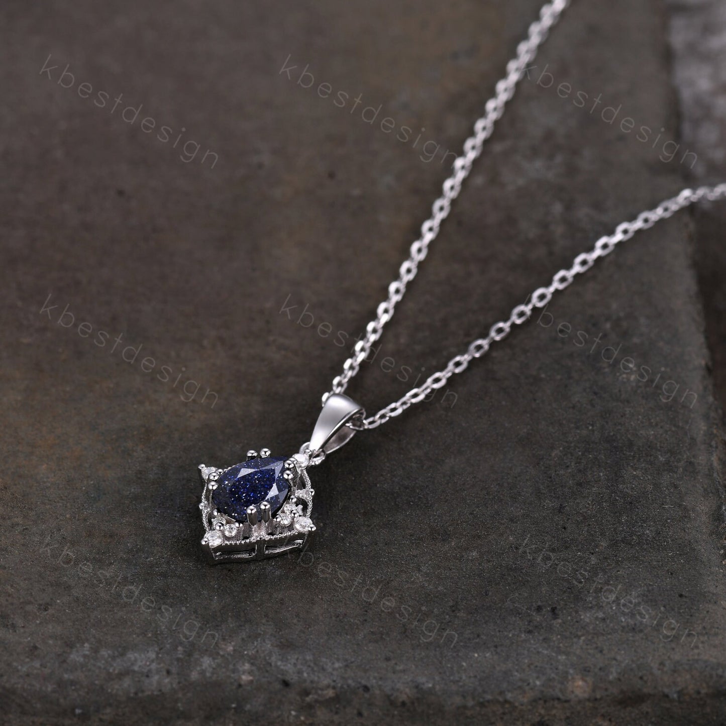Antique Blue Sandstone Necklace Vintage Pear cut Galaxy Sandstone Pendant Women Silver Necklace Unique Moissanite Pendant Anniversary Gift