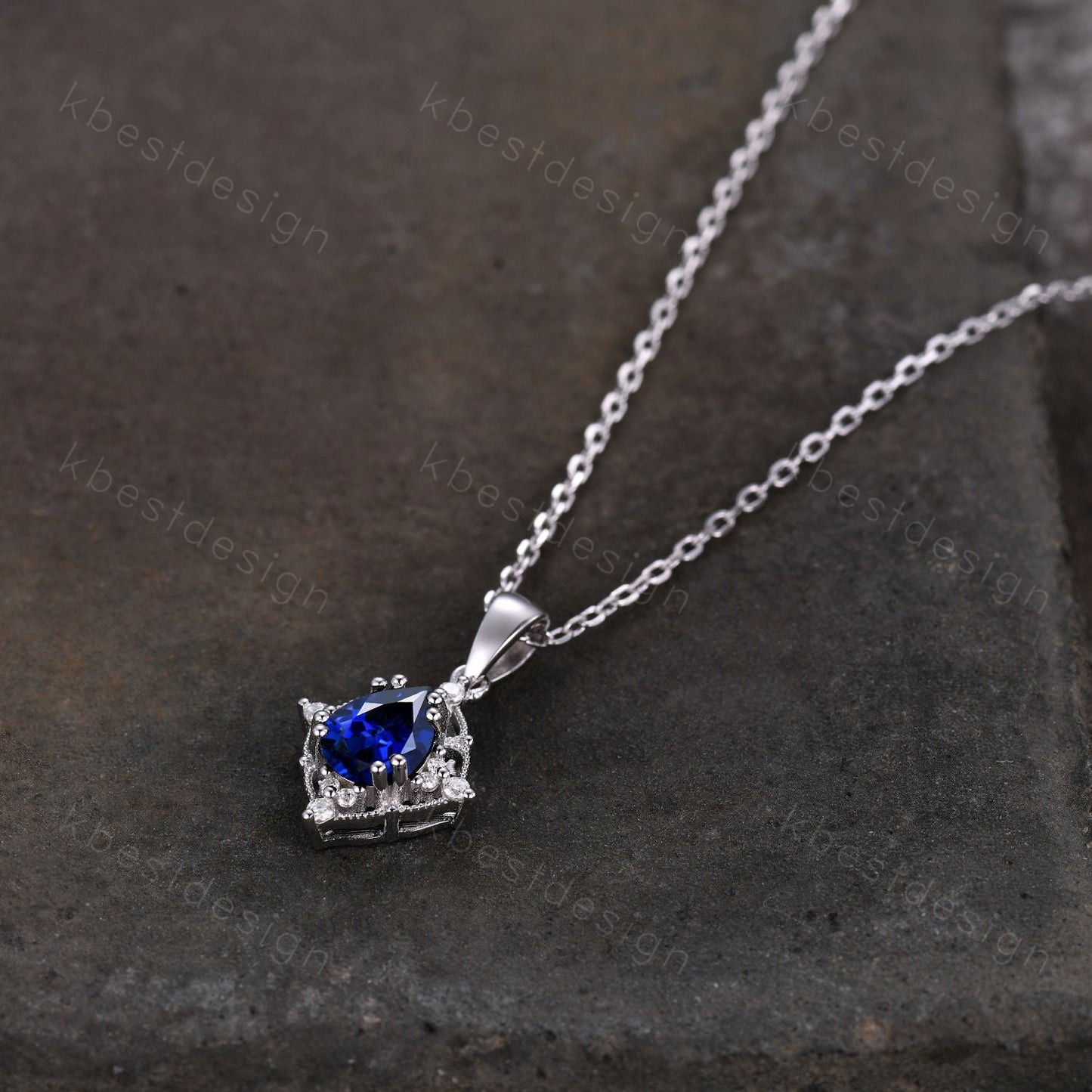 Pear cut Blue Sapphire Necklace Antique Art Deco Moissanite Pendant Necklace 14K White Gold Necklace for Women September Birthstone Jewelry