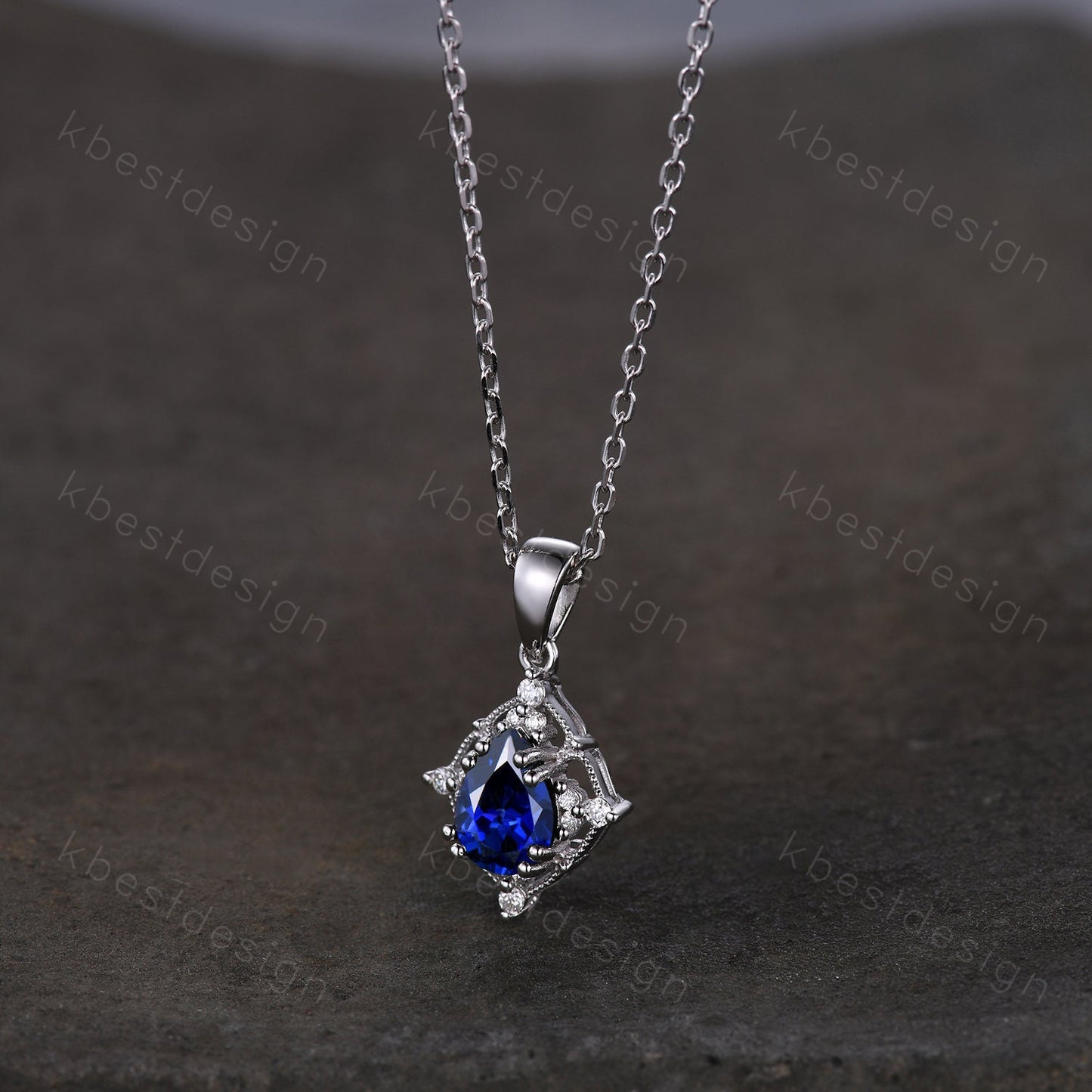 Pear cut Blue Sapphire Necklace Antique Art Deco Moissanite Pendant Necklace 14K White Gold Necklace for Women September Birthstone Jewelry
