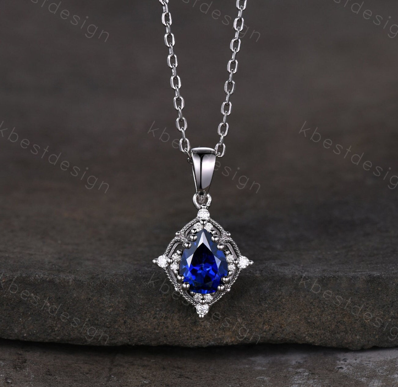 Pear cut Blue Sapphire Necklace Antique Art Deco Moissanite Pendant Necklace 14K White Gold Necklace for Women September Birthstone Jewelry