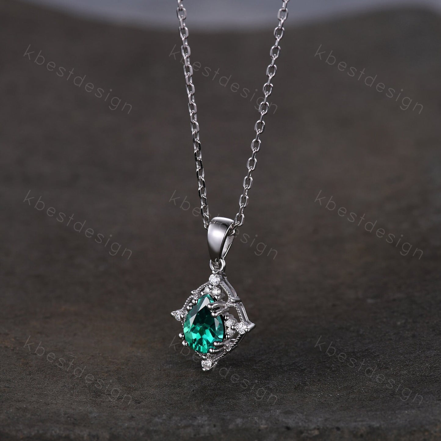 Emerald Necklace, Women Silver Necklace, Vintage Birthstone Necklace, Pear Emerald Pendant, May Birthstone Jewelry, Gift for Her, Art Deco