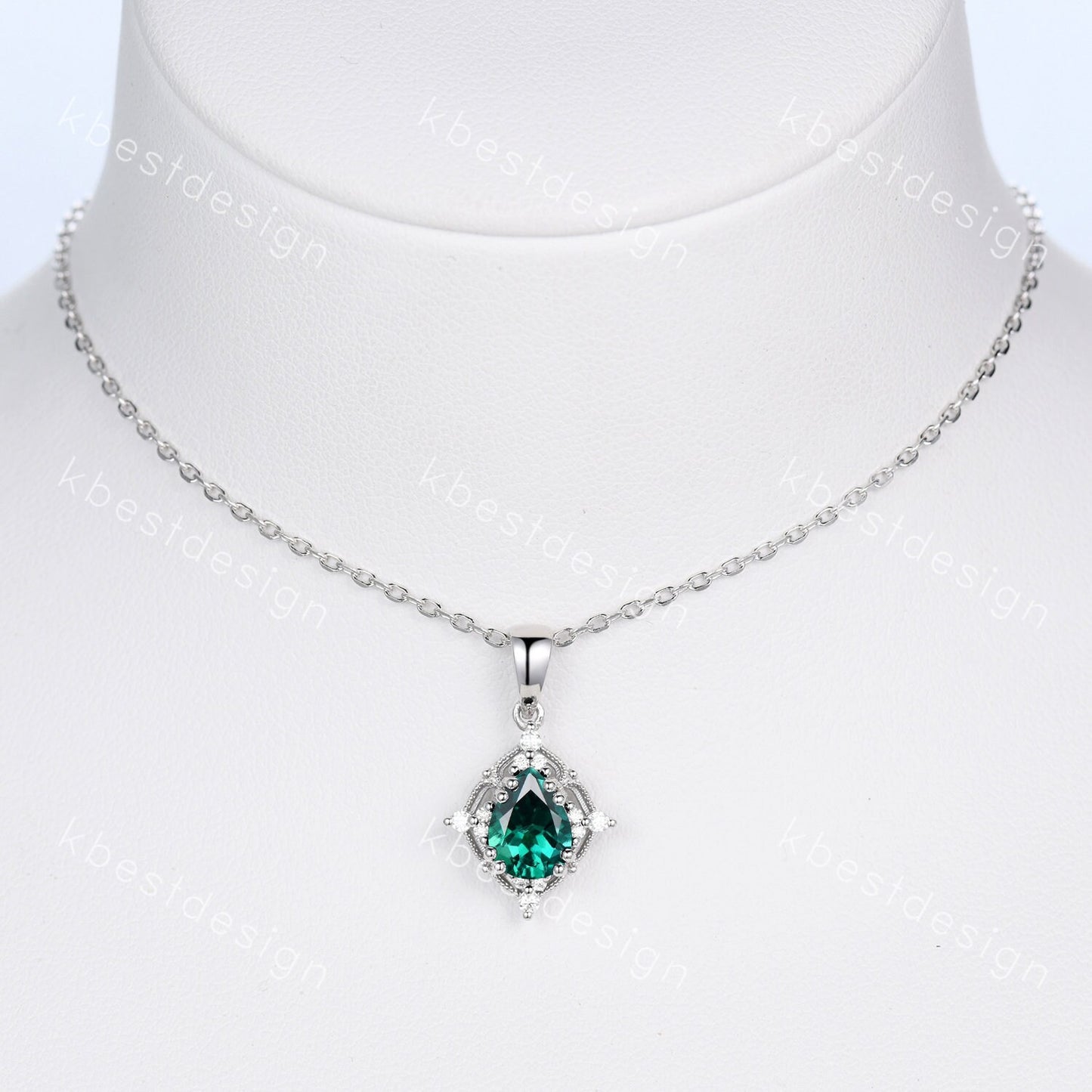 Emerald Necklace, Women Silver Necklace, Vintage Birthstone Necklace, Pear Emerald Pendant, May Birthstone Jewelry, Gift for Her, Art Deco
