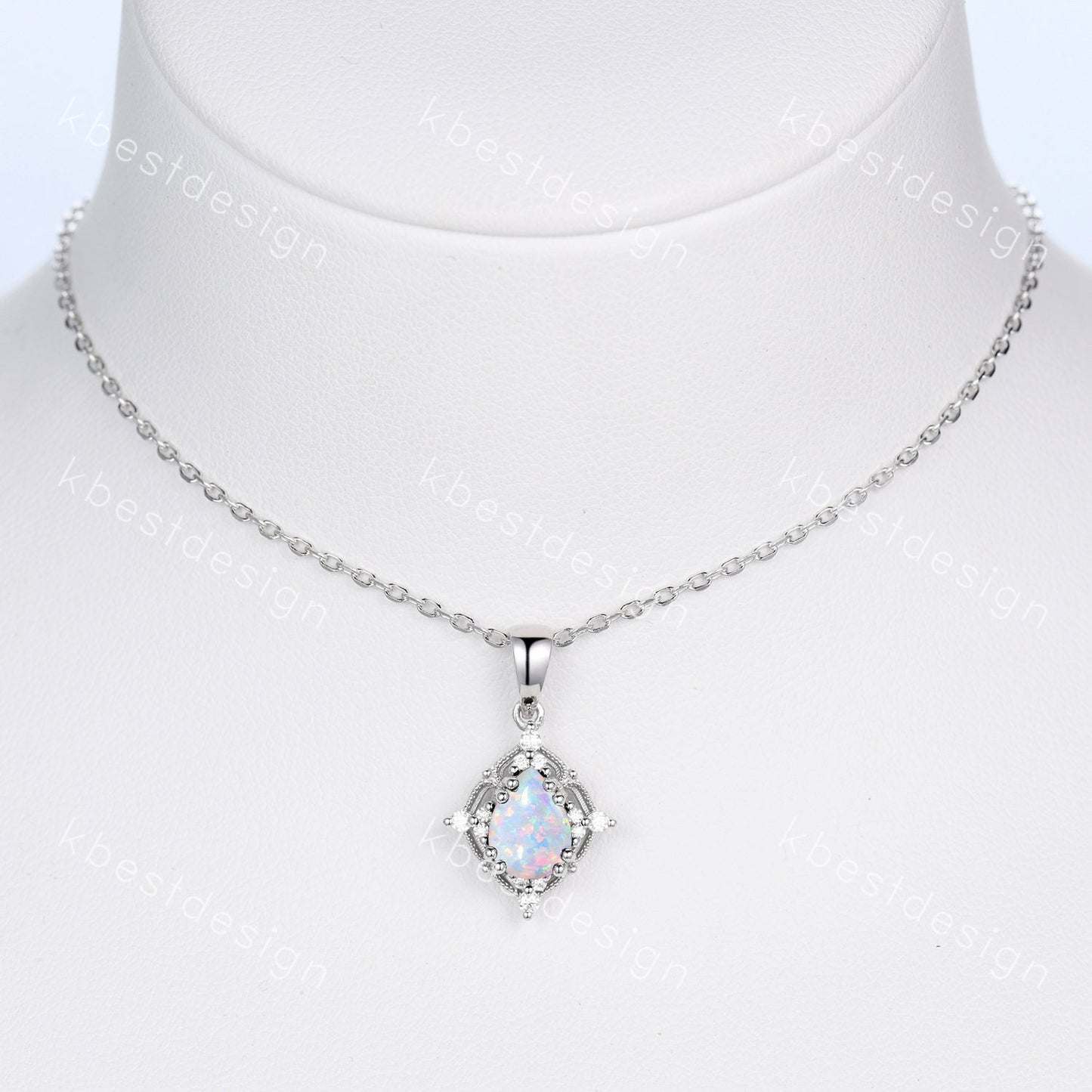 1.5CT White Fire Opal Necklace, Silver Pear cut Opal Pendant, October Birthstone Jewelry, Unique Opal Moissanite Pendant, Gift for Her