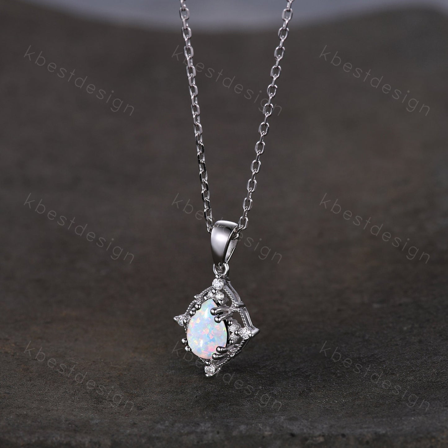 1.5CT White Fire Opal Necklace, Silver Pear cut Opal Pendant, October Birthstone Jewelry, Unique Opal Moissanite Pendant, Gift for Her