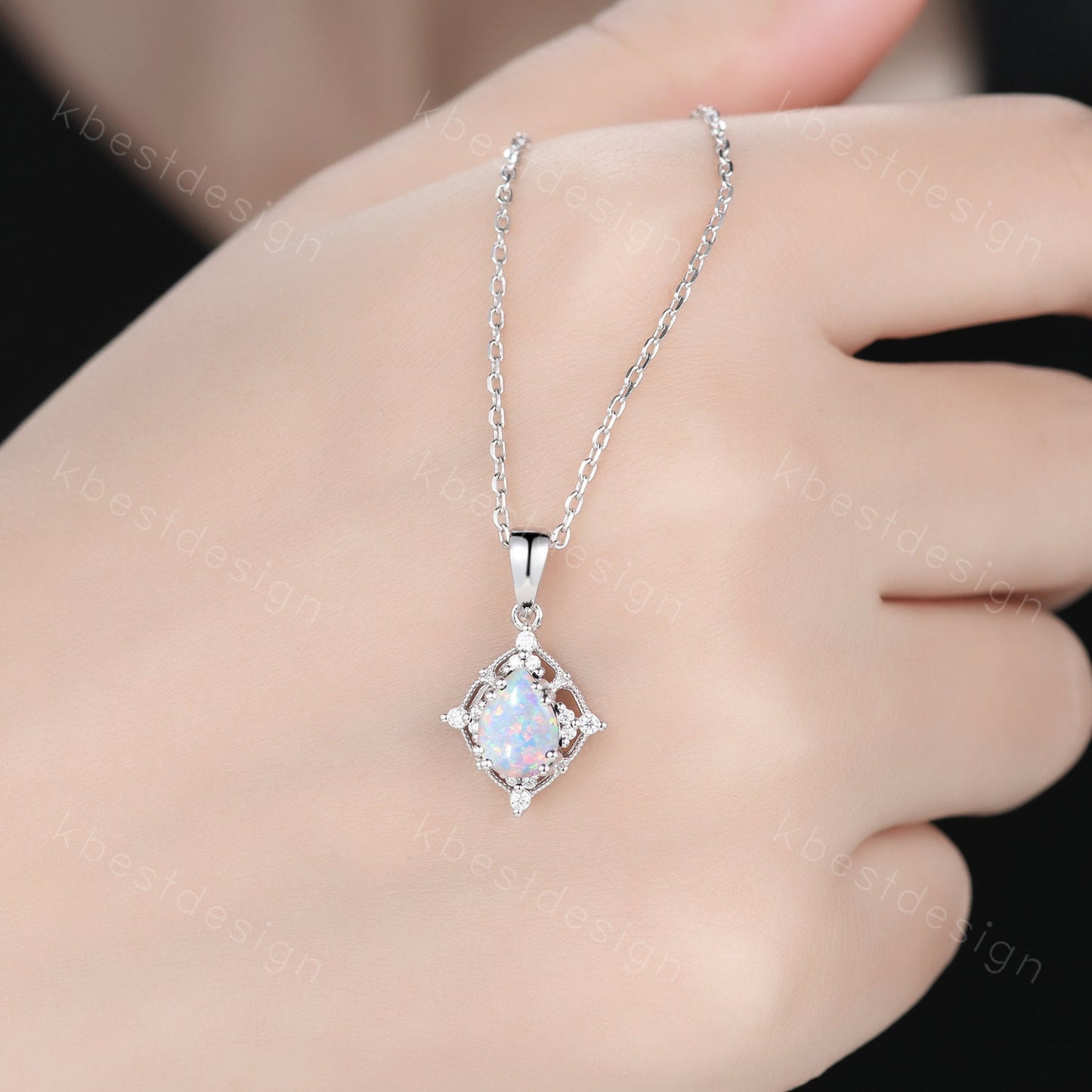 1.5CT White Fire Opal Necklace, Silver Pear cut Opal Pendant, October Birthstone Jewelry, Unique Opal Moissanite Pendant, Gift for Her