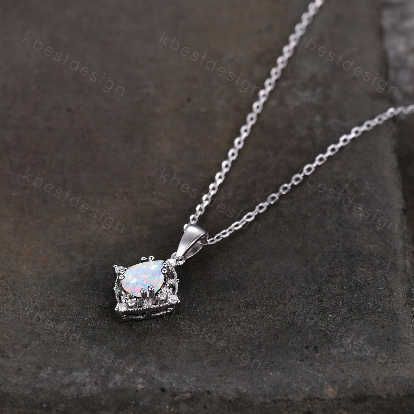1.5CT White Fire Opal Necklace, Silver Pear cut Opal Pendant, October Birthstone Jewelry, Unique Opal Moissanite Pendant, Gift for Her