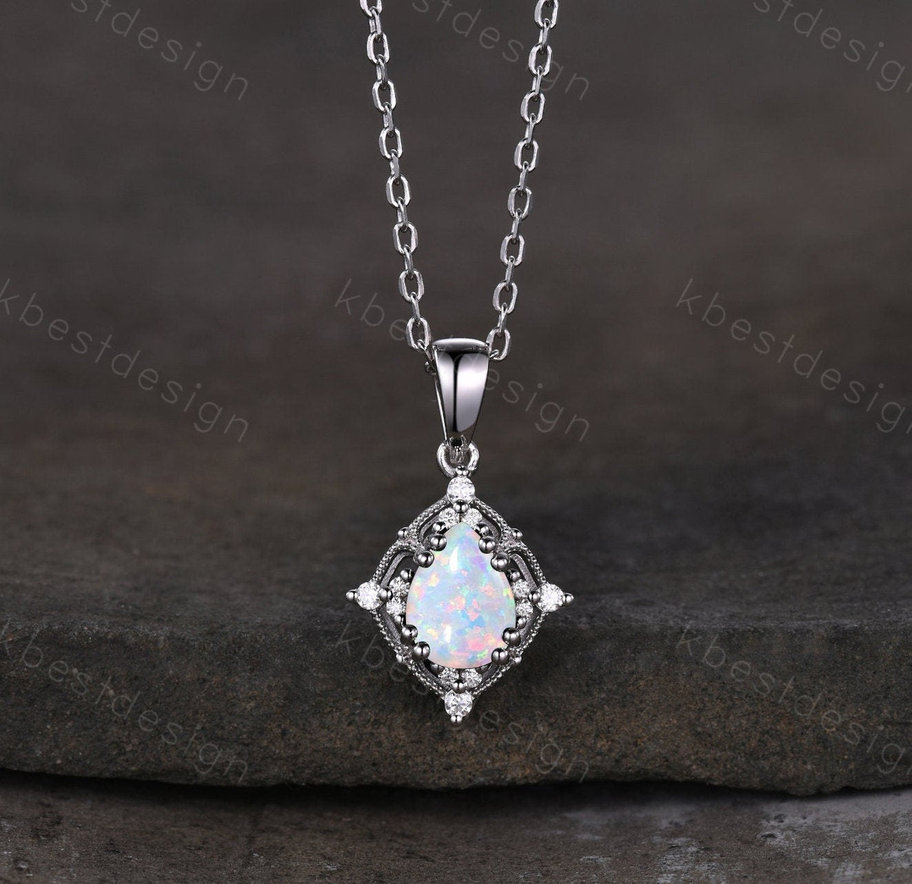 1.5CT White Fire Opal Necklace, Silver Pear cut Opal Pendant, October Birthstone Jewelry, Unique Opal Moissanite Pendant, Gift for Her