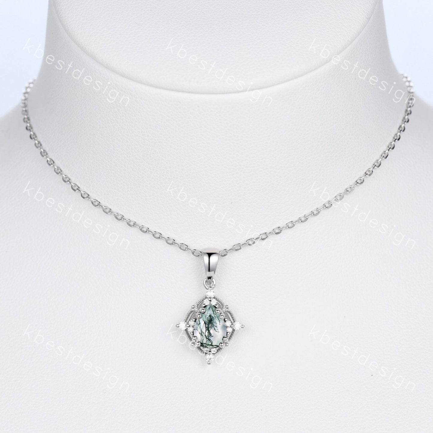 Pear cut natural moss agate necklace women sterling silver necklace pear cut green agate pendant unique art deco bridal promise gift