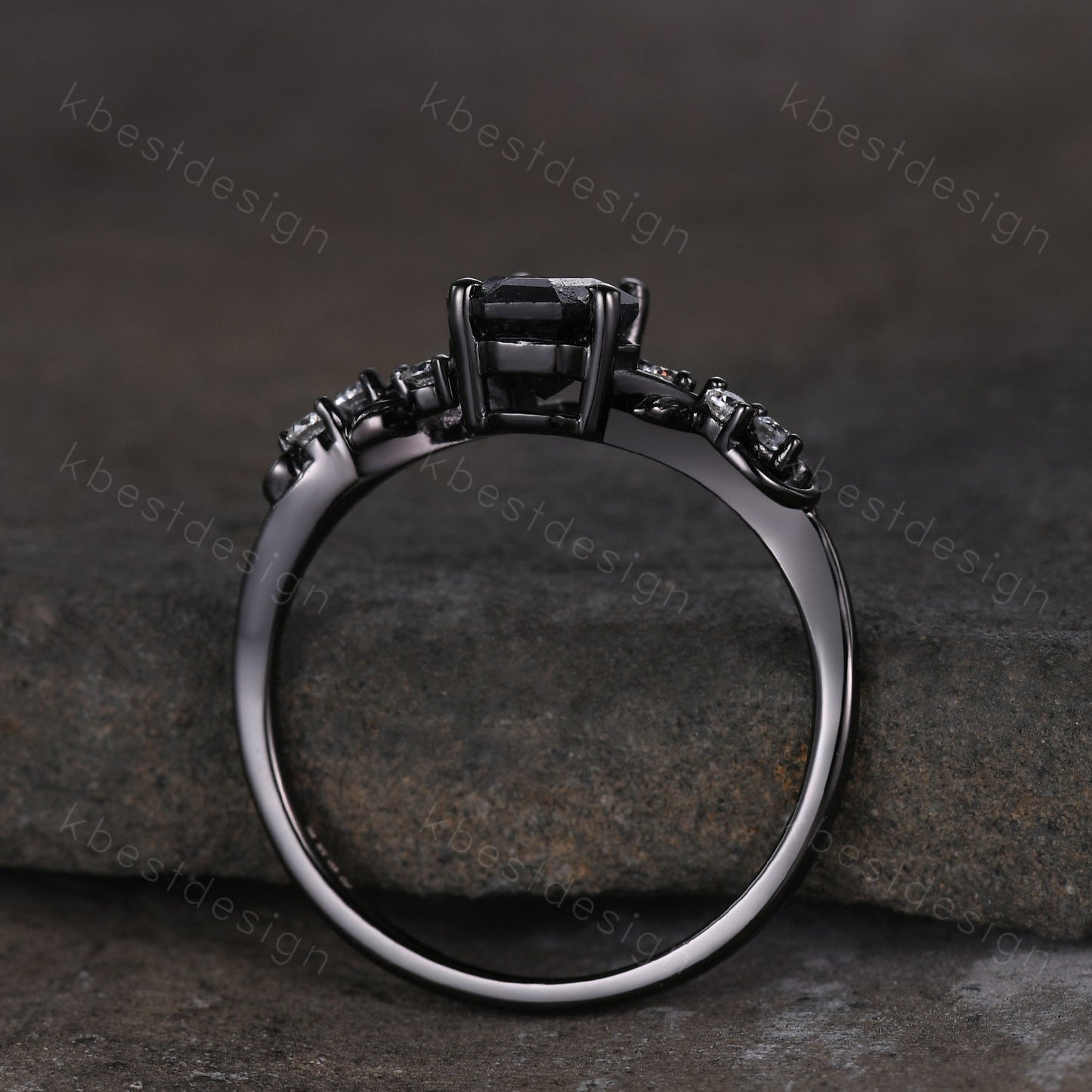 Coffin cut black rutilated quartz engagement ring Gothic Black gold ring Art deco leaf design moissanite Bridal ring Unique twist ring