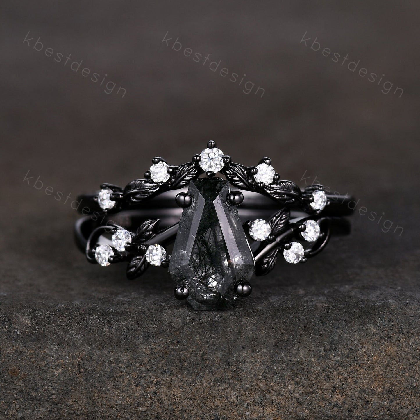 Gothic Black Gold Black Rutilated Quartz Engagement Ring Art Deco Branch Design Leaf Wedding Ring Coffin cut Ring Unique Moissanite Ring Set