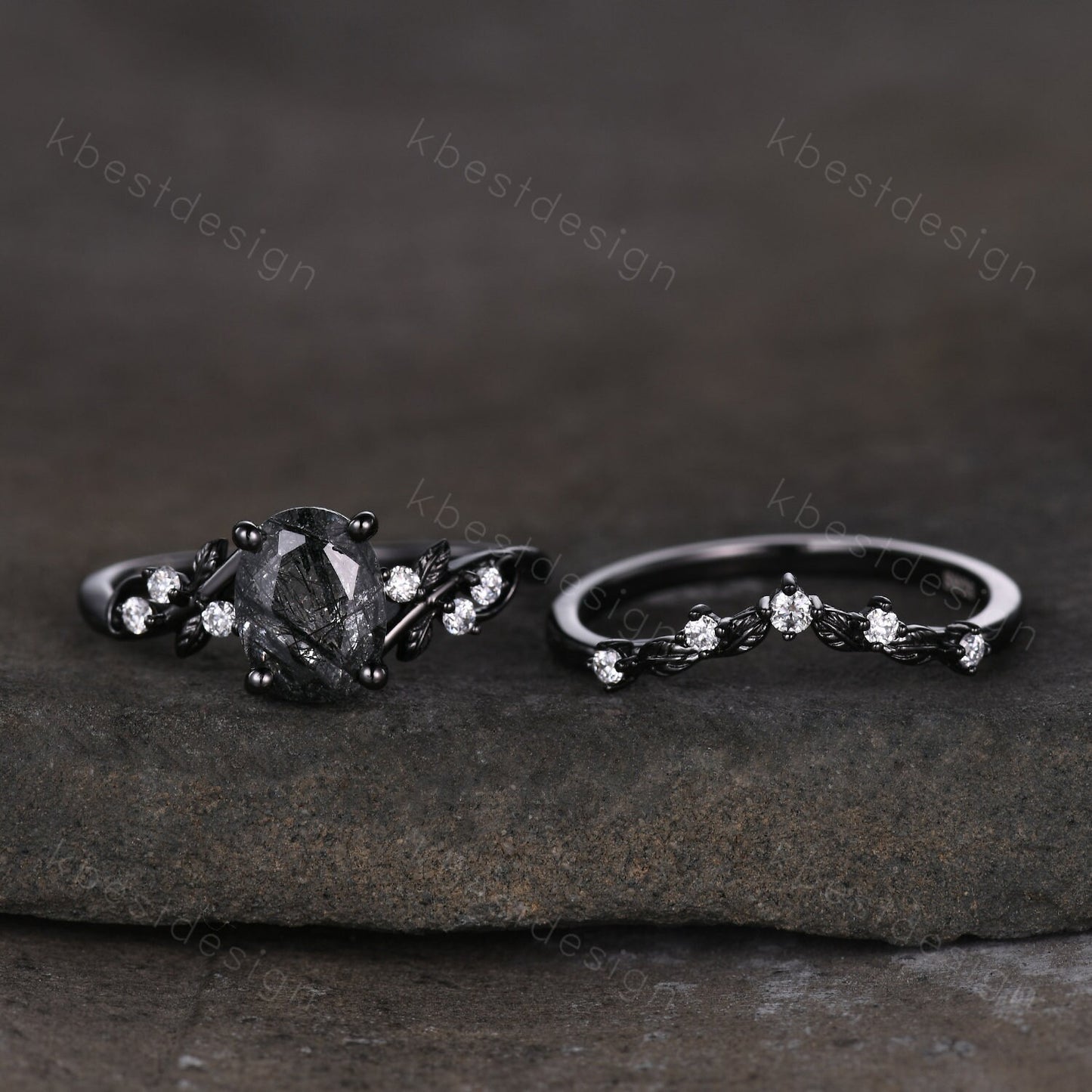 Vintage Oval Black Rutilated Quartz Engagement Ring Set,Black Gold,Branch Leaf Stacking Band,Women Bridal Set,Unique Twig Moissanite Rings
