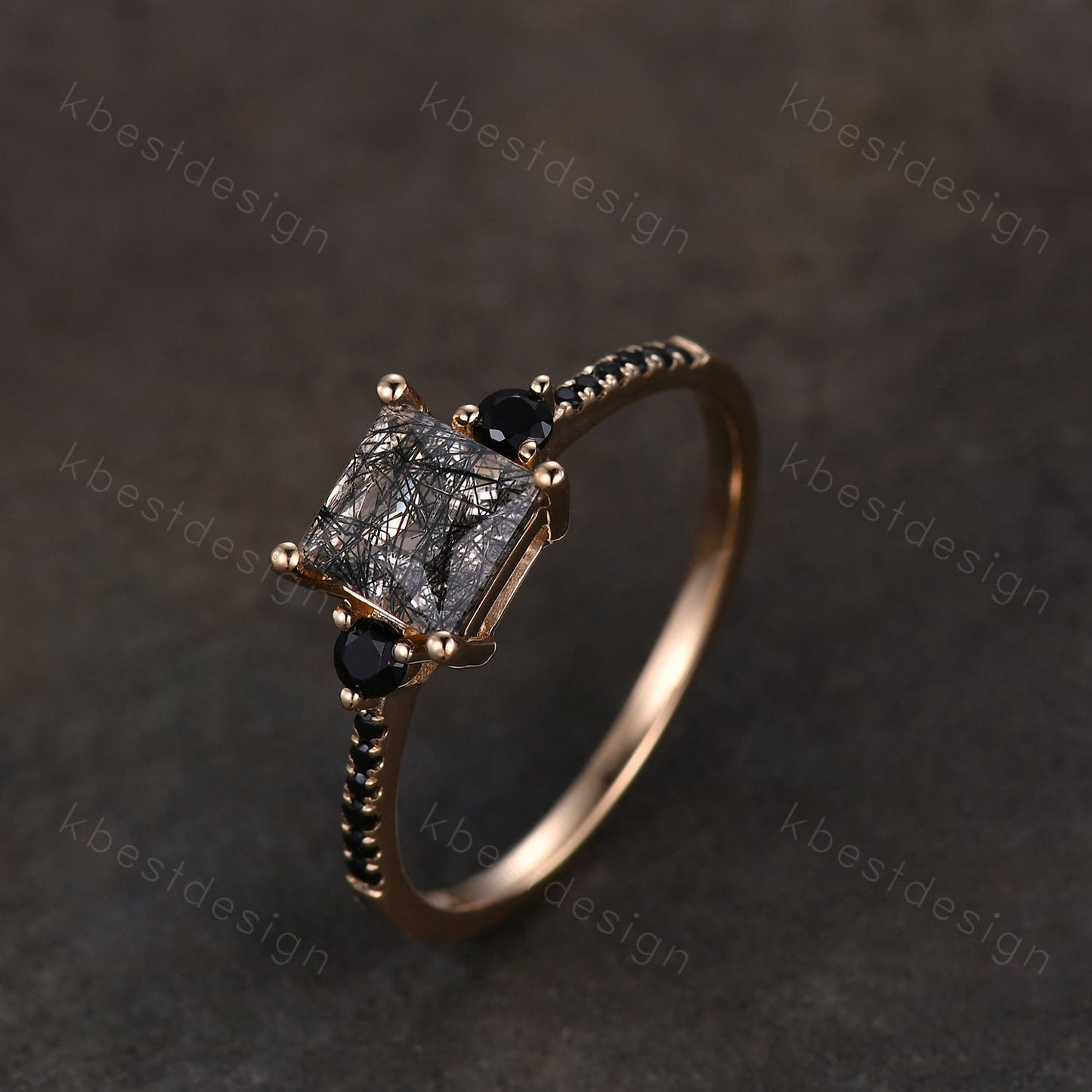 Princess Cut Natural Black Rutilated Quartz Engagement Ring Unique Black Spinel Ring Solid 14K Yellow Ring Three stone ring Promise Ring