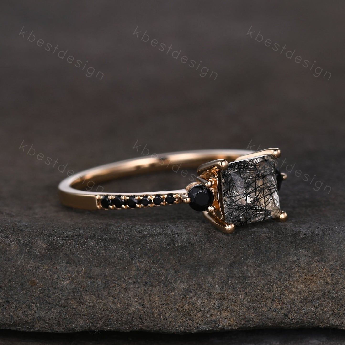 Princess Cut Natural Black Rutilated Quartz Engagement Ring Unique Black Spinel Ring Solid 14K Yellow Ring Three stone ring Promise Ring
