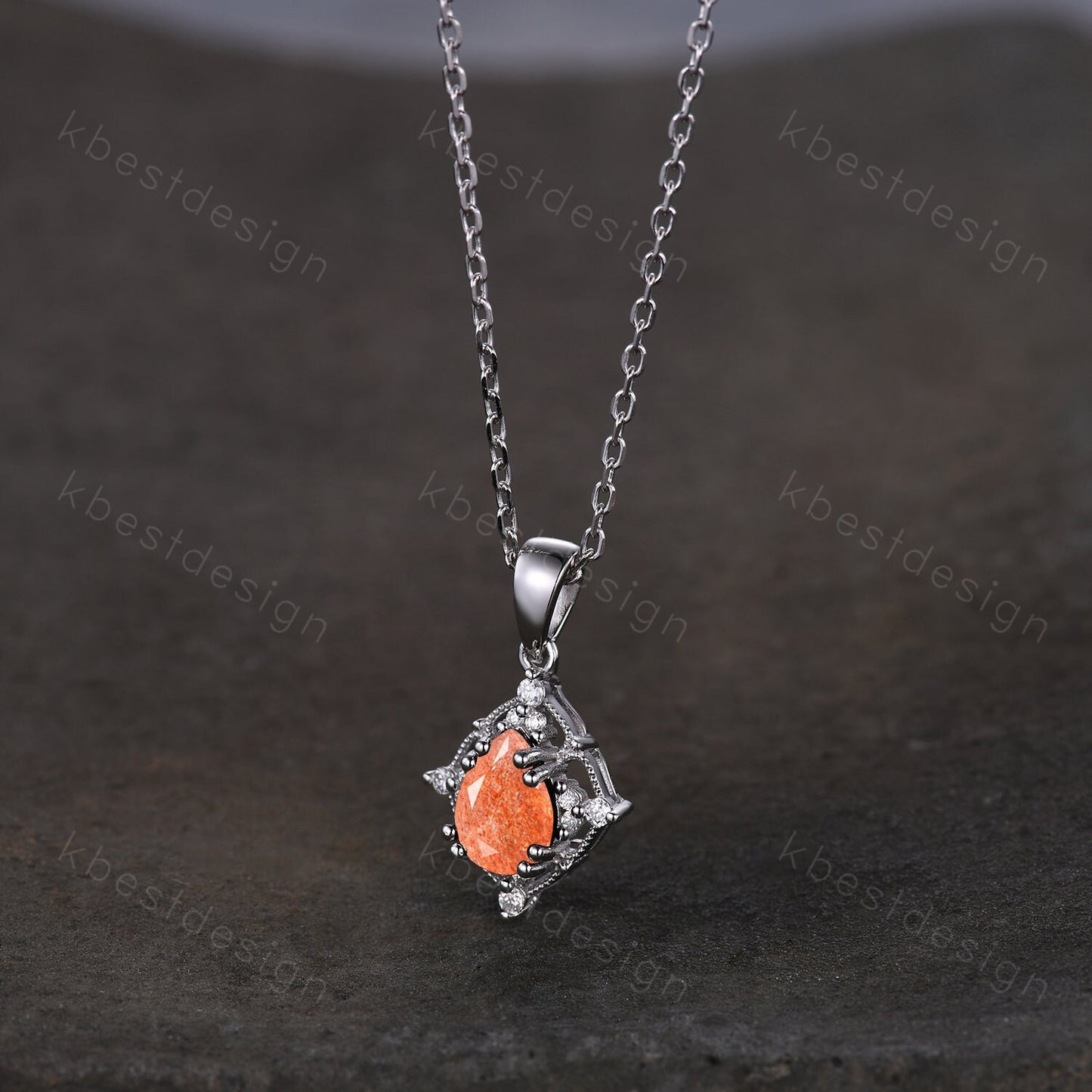 Pear cut Sunstone Necklace Antique Art Deco Moissanite Pendant Necklace 14K White Gold Necklace for Women Birthday/Promise Gift for Her
