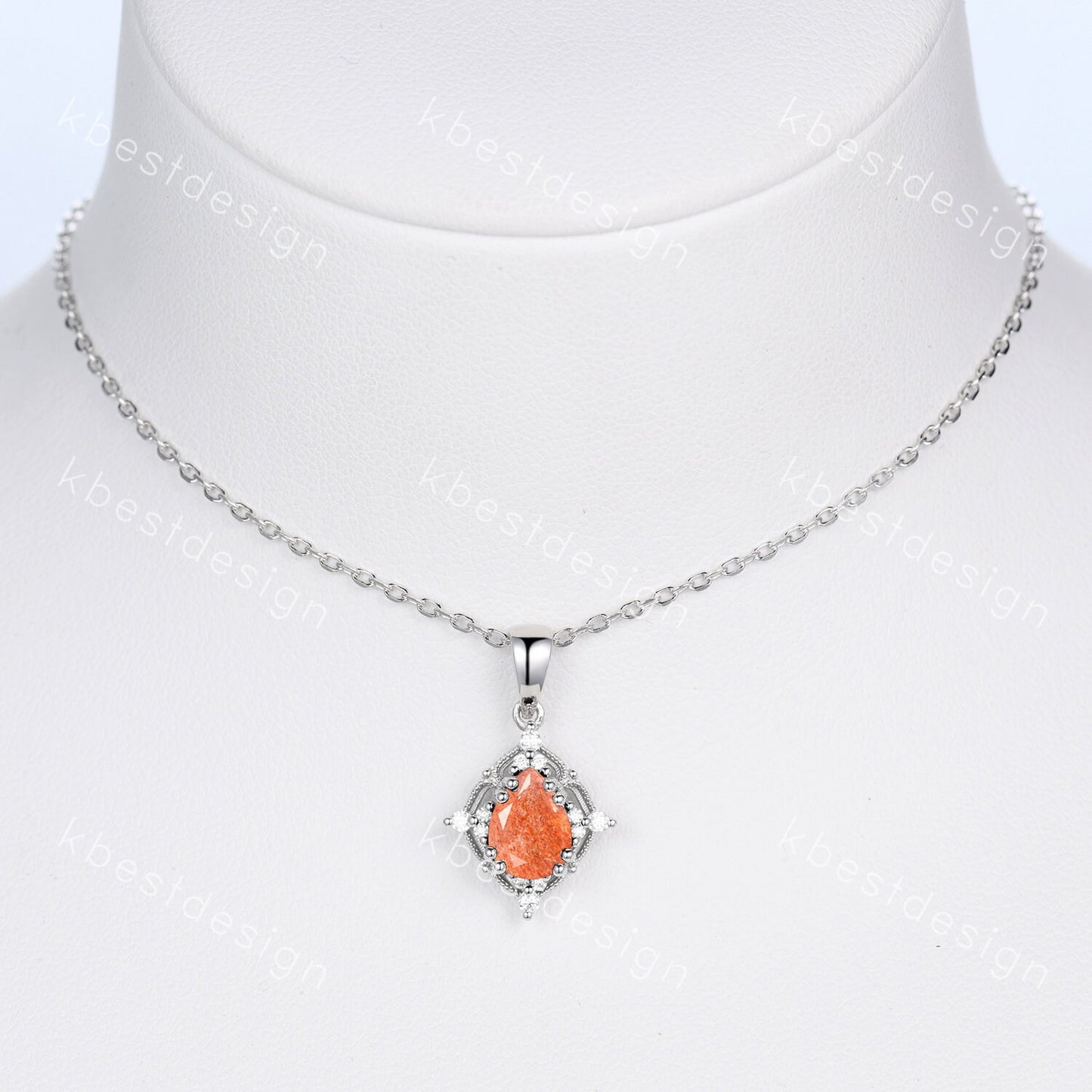 Pear cut Sunstone Necklace Antique Art Deco Moissanite Pendant Necklace 14K White Gold Necklace for Women Birthday/Promise Gift for Her