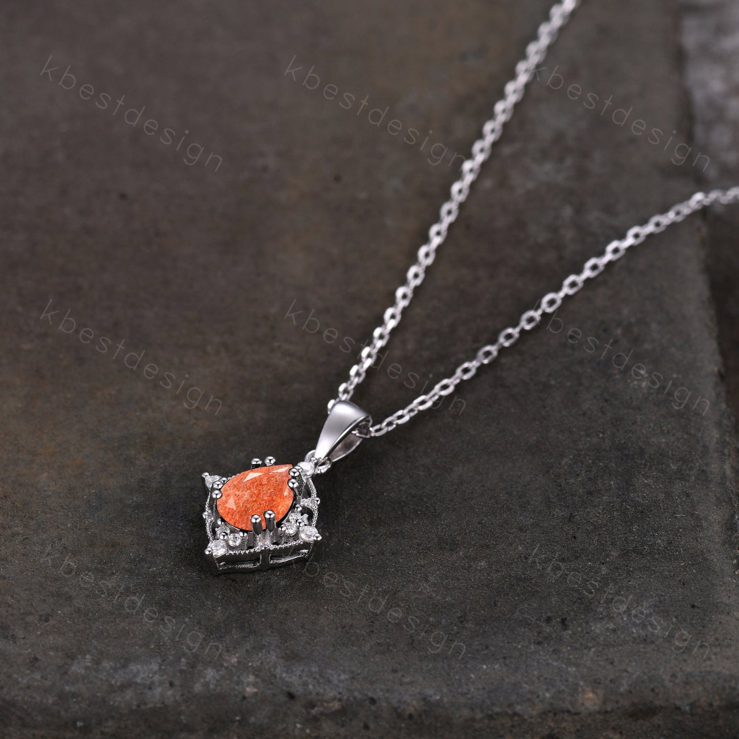 Pear cut Sunstone Necklace Antique Art Deco Moissanite Pendant Necklace 14K White Gold Necklace for Women Birthday/Promise Gift for Her